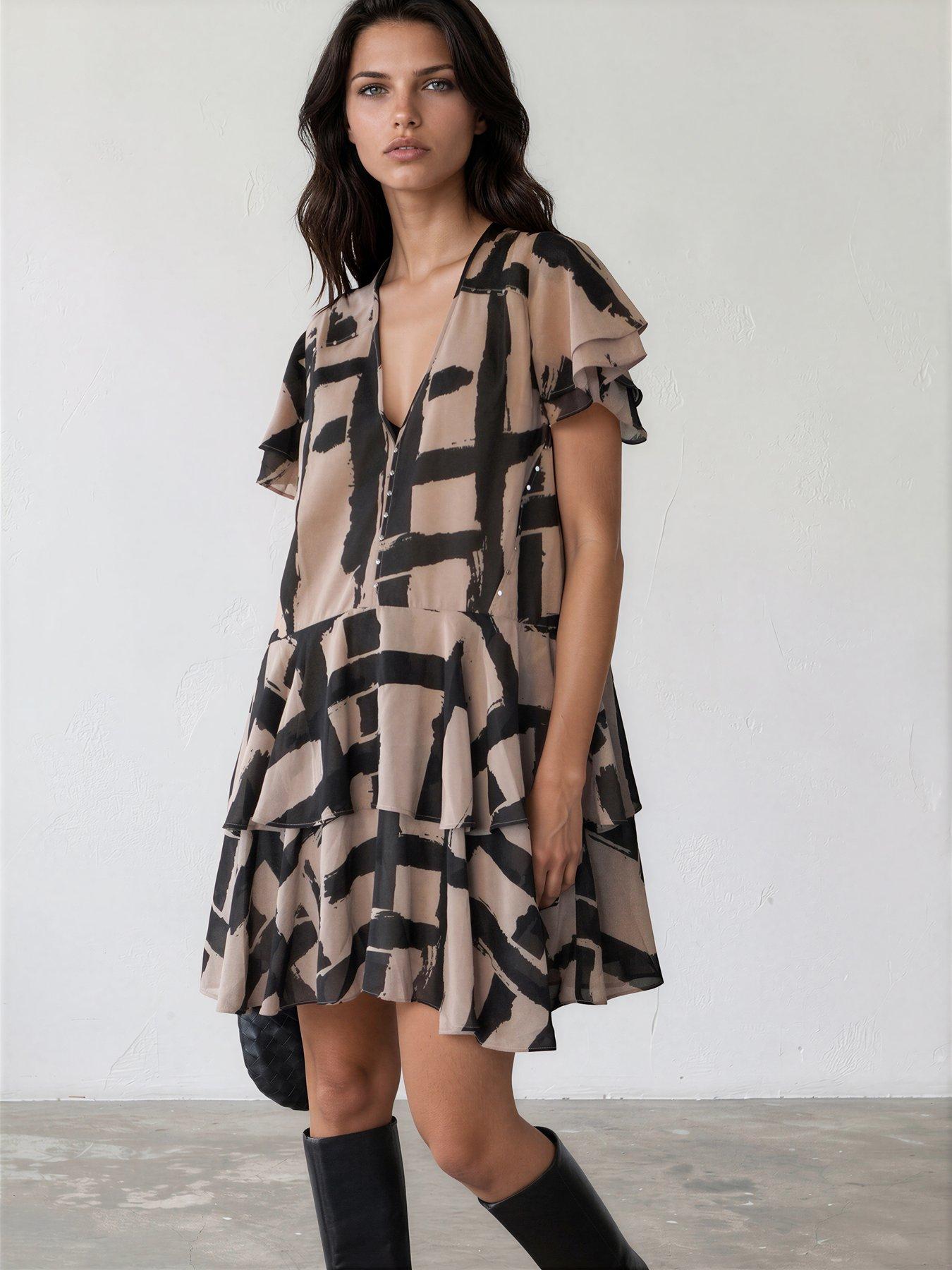 Religion Abstract Print Tiered Dress - Brown