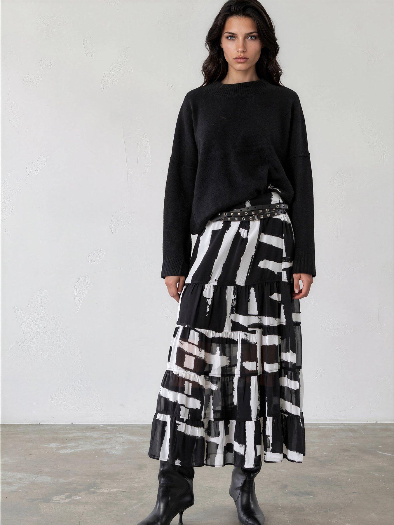 Religion Abstract Selvage Print Tiered Citrine Maxi Skirt - Black