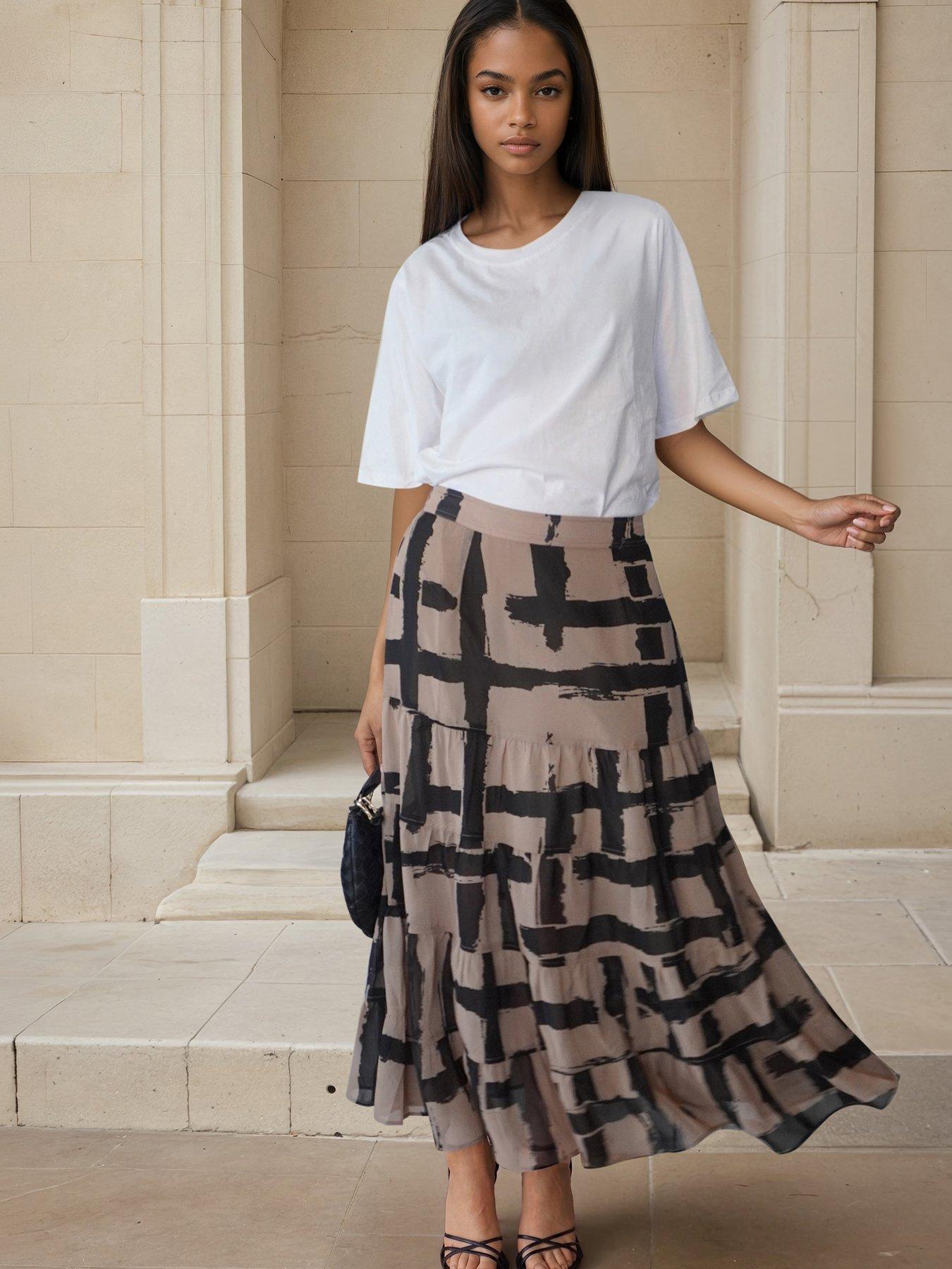 Religion Abstract Print Tiered Maxi Skirt - Brown
