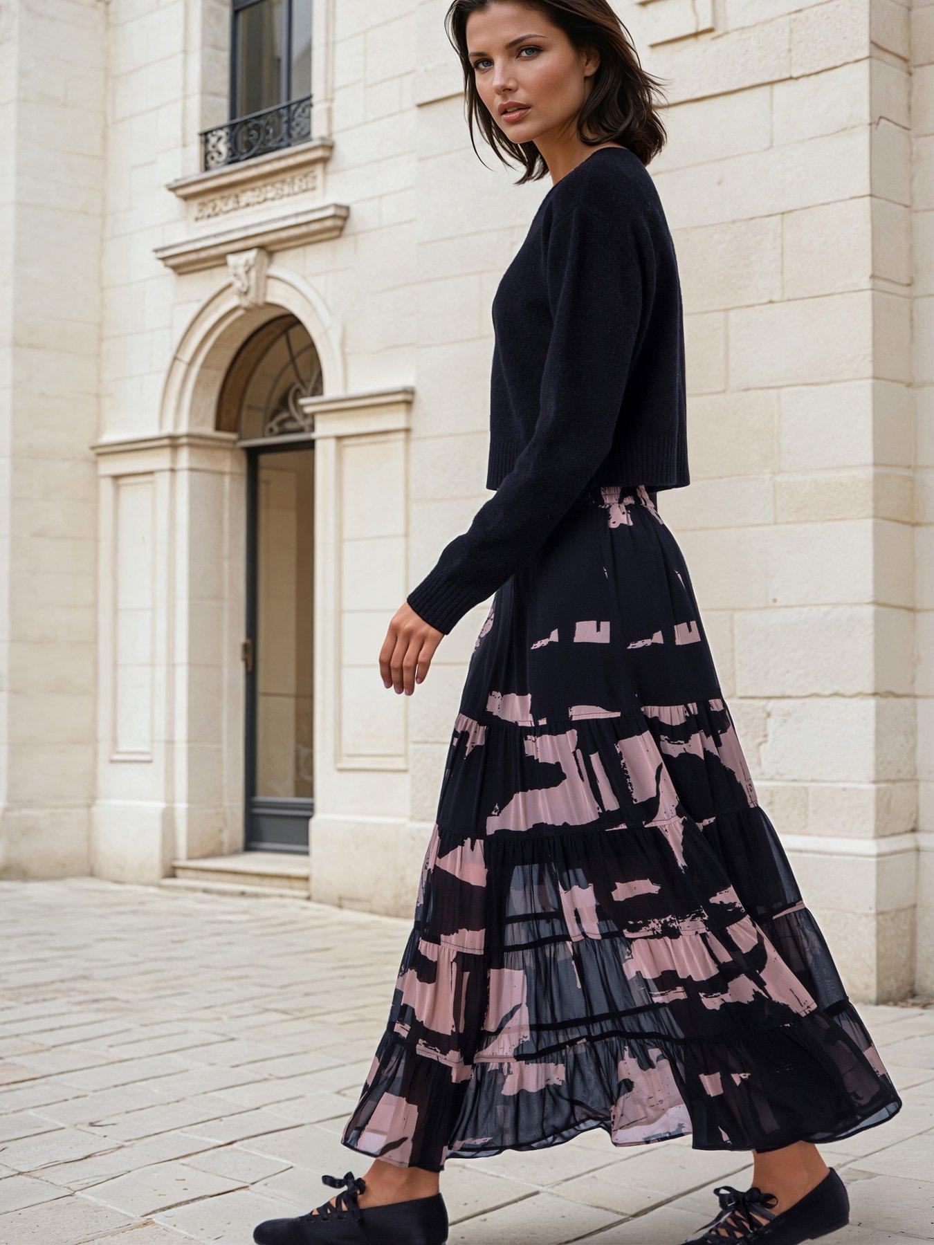 Religion AbAbstract Print Ashes Pink Tiered Citrine Maxi Skirt - Black