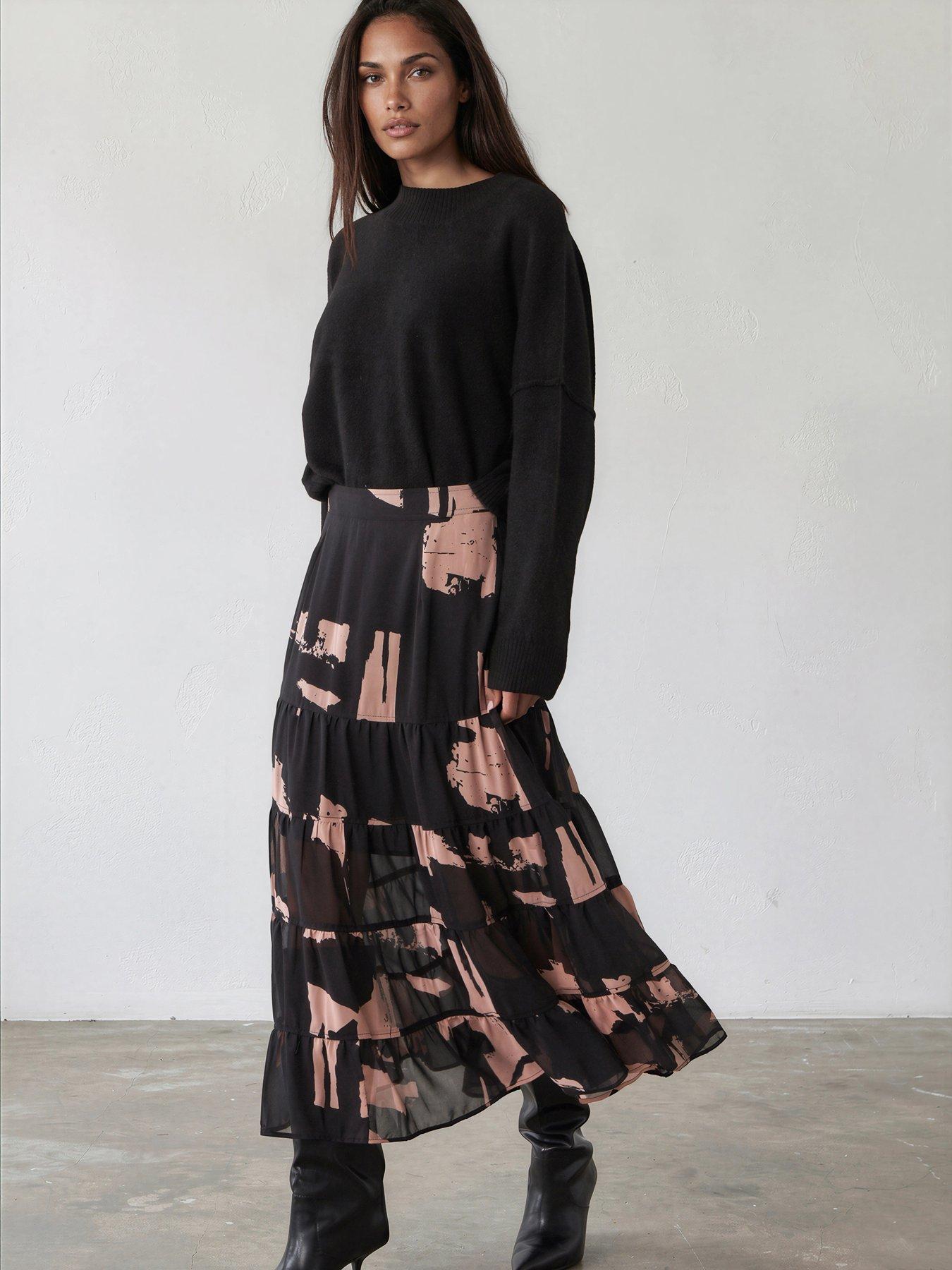 Religion AbAbstract Print Ashes Pink Tiered Citrine Maxi Skirt - Black