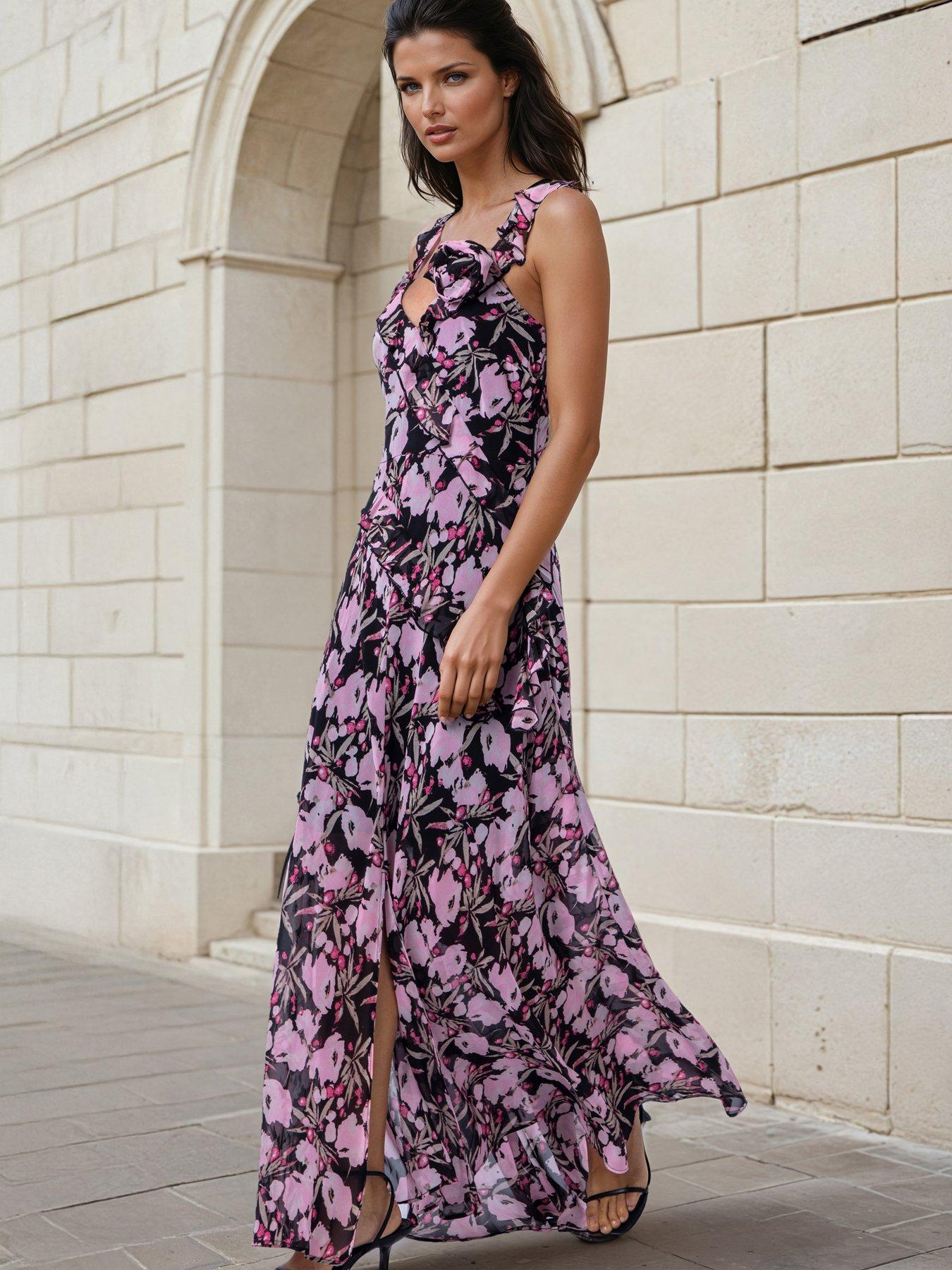 pink and grey maxi dress Religion Floral Prime Print Ruffle Dream - petite maxi dresses for weddings