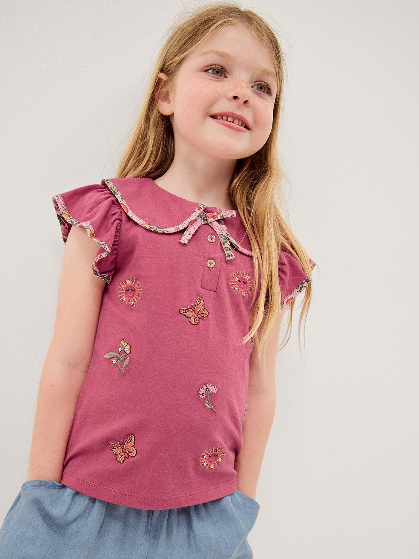 Monsoon Girls Short Sleeve Floral Embroidered Collar Tshirt - Pink