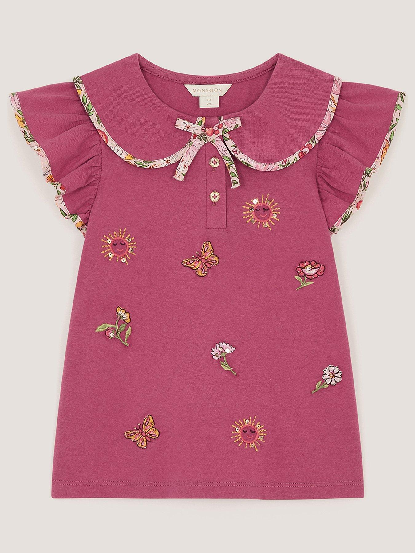 Image 2 of 4 of Monsoon Girls Short Sleeve Floral Embroidered Collar Tshirt - Pink