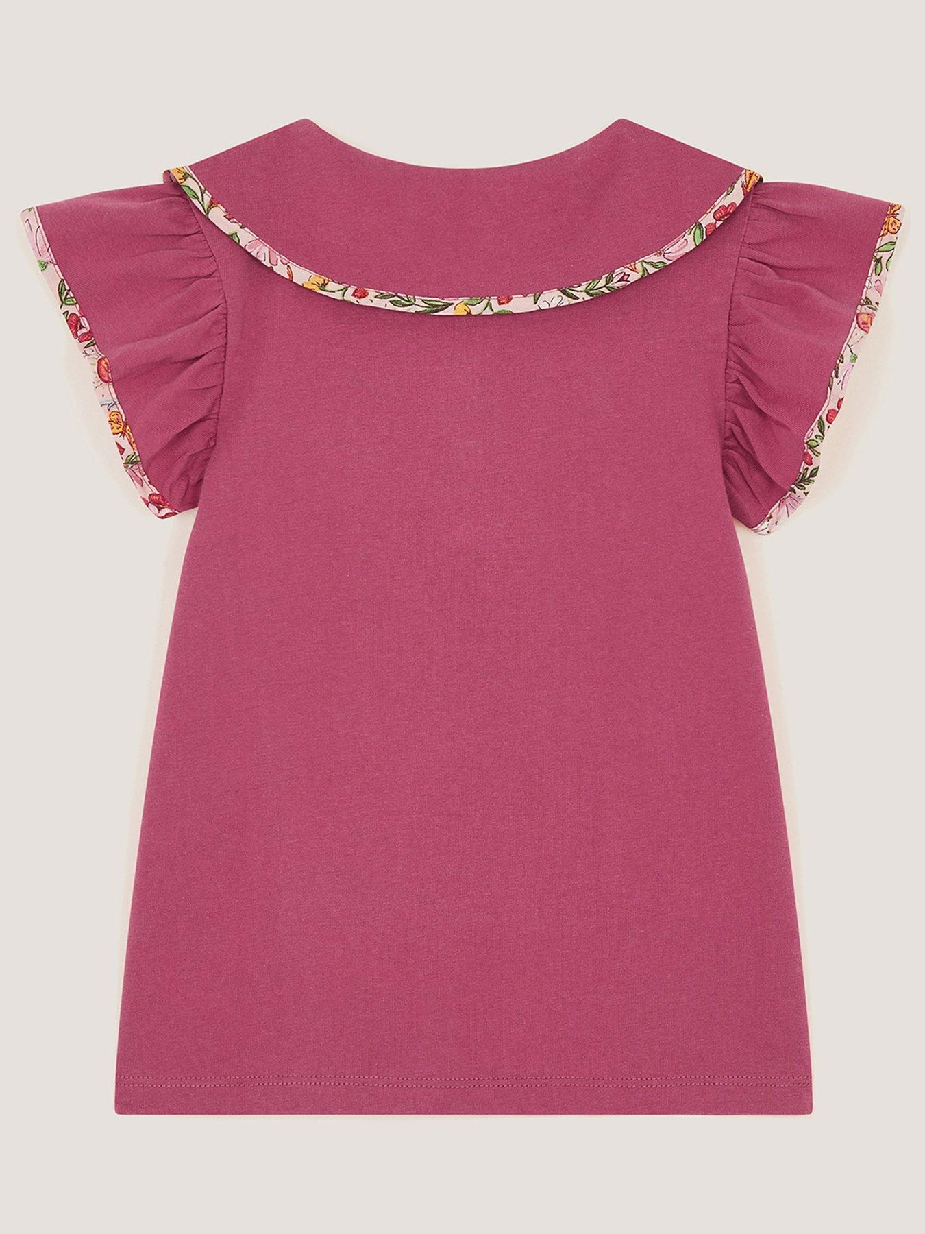 Image 3 of 4 of Monsoon Girls Short Sleeve Floral Embroidered Collar Tshirt - Pink