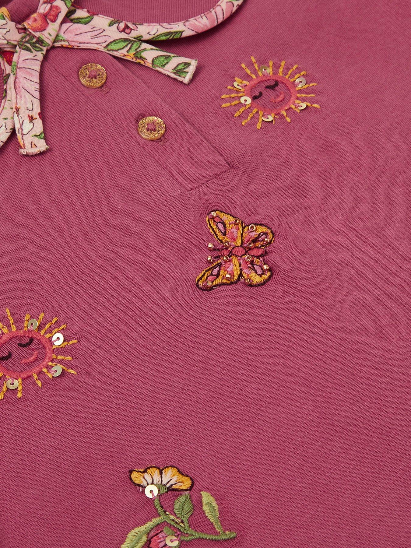 Image 4 of 4 of Monsoon Girls Short Sleeve Floral Embroidered Collar Tshirt - Pink