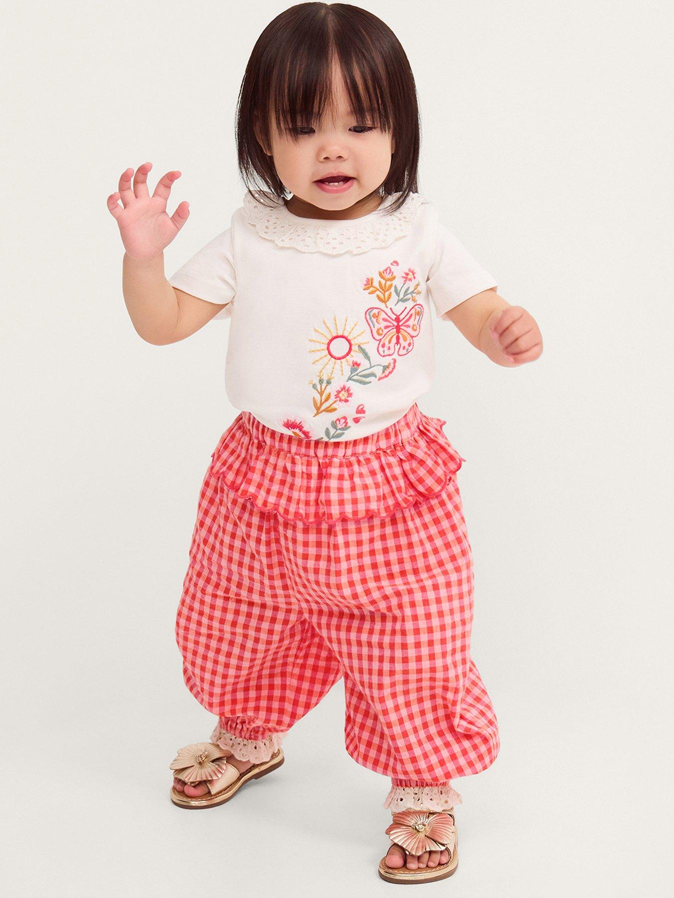 Monsoon Baby Girls Embroidered Top & Gingham Trousers, Pink, Size 0-3 Months