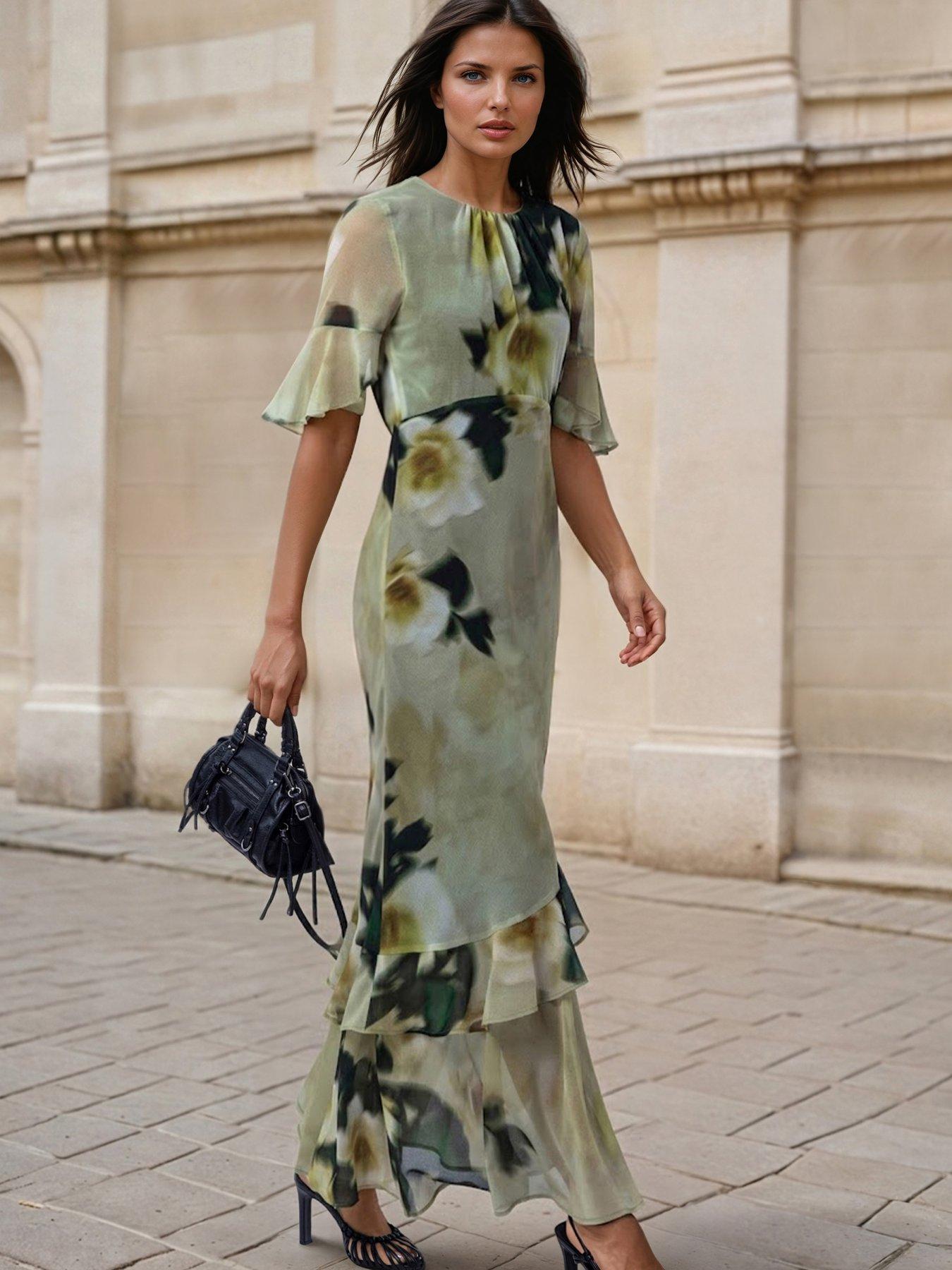 long sleeve tea dress uk Floral Long Sleeve Midi Tea Dress
