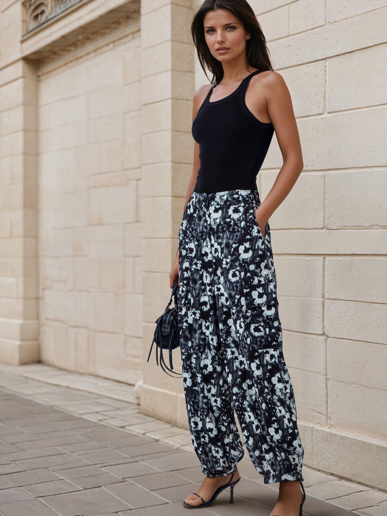 Religion Flora Print Black White Ash Balloon Trousers