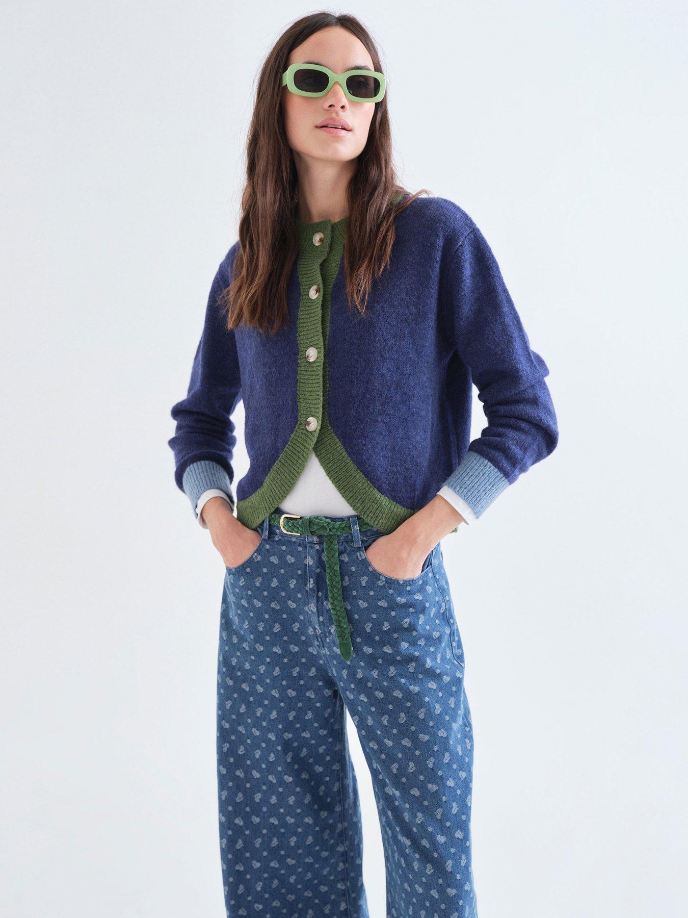 Image 1 of 5 of Compania Fantastica Women's Contrast Trim Button-Through Cardigan - Blue/Green