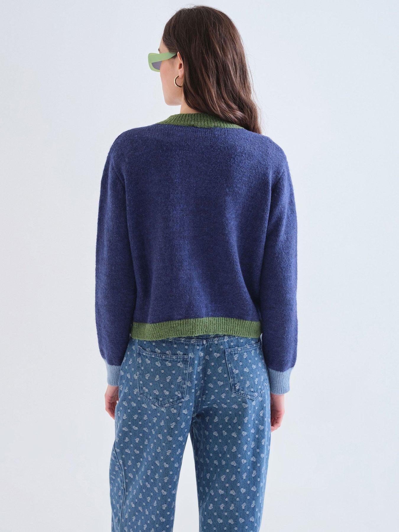 Image 2 of 5 of Compania Fantastica Women's Contrast Trim Button-Through Cardigan - Blue/Green
