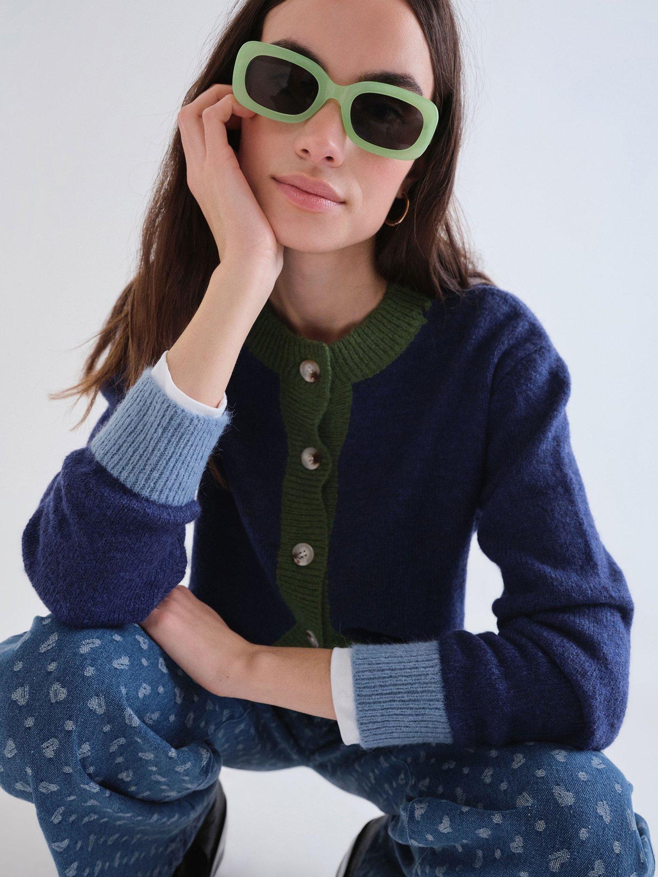Image 5 of 5 of Compania Fantastica Women's Contrast Trim Button-Through Cardigan - Blue/Green