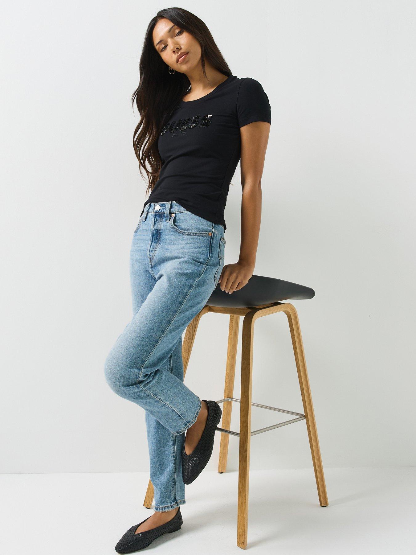 Guess Short Sleeve Logo Sequins T-Shirt, Black, Size S, Women