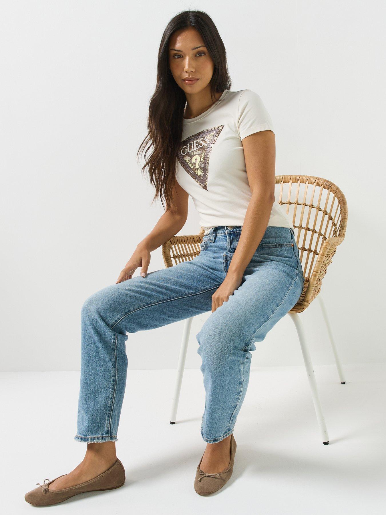 Guess Short Sleeve Snake Triangle T-Shirt - Cream