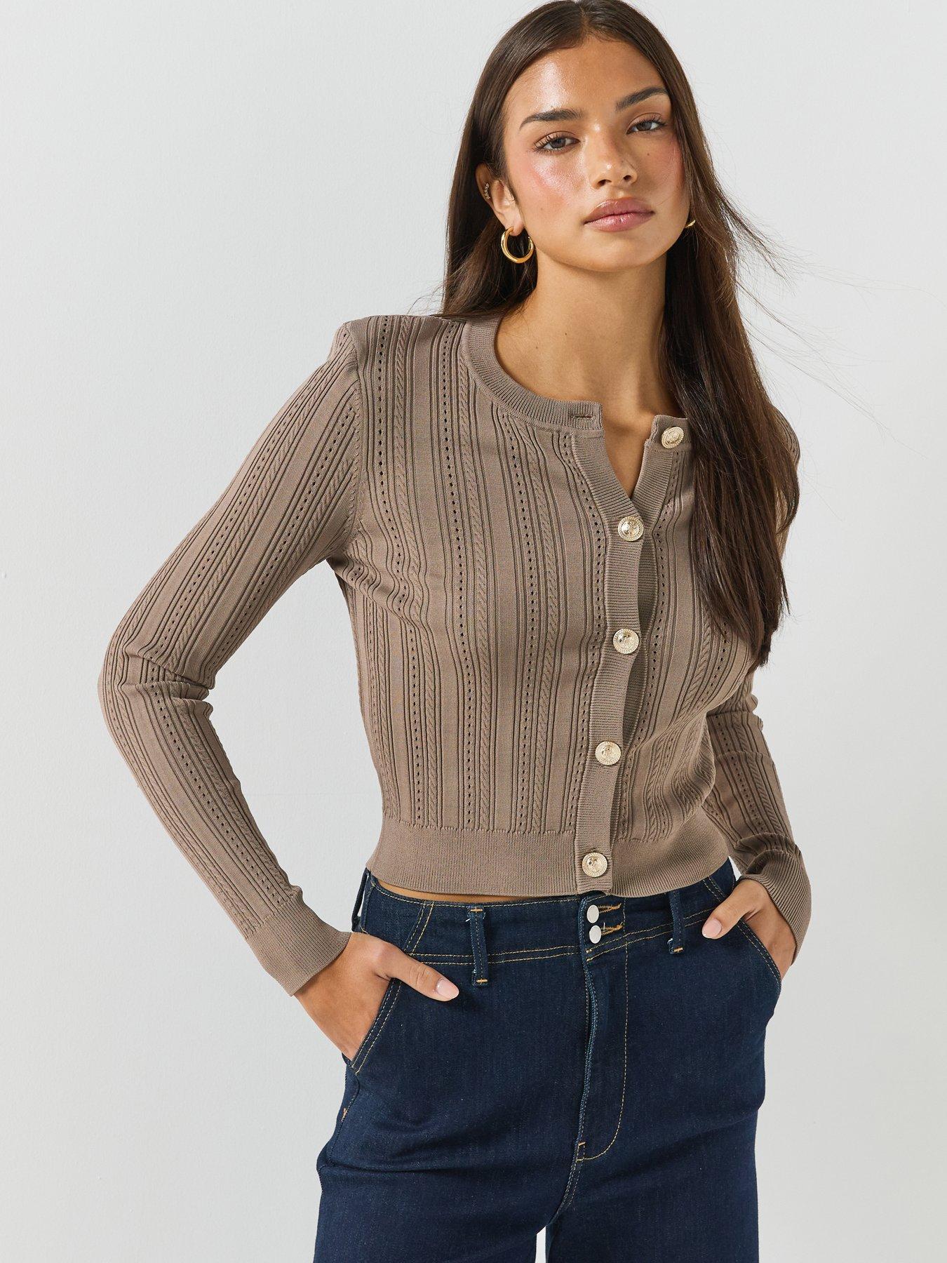 Image 1 of 6 of Guess Womens Knitted Button-Through Cardigan - Beige