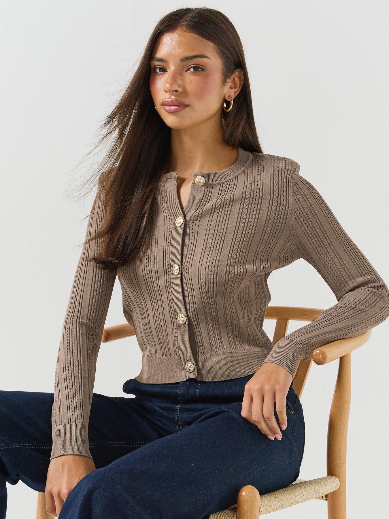 Image 4 of 6 of Guess Womens Knitted Button-Through Cardigan - Beige
