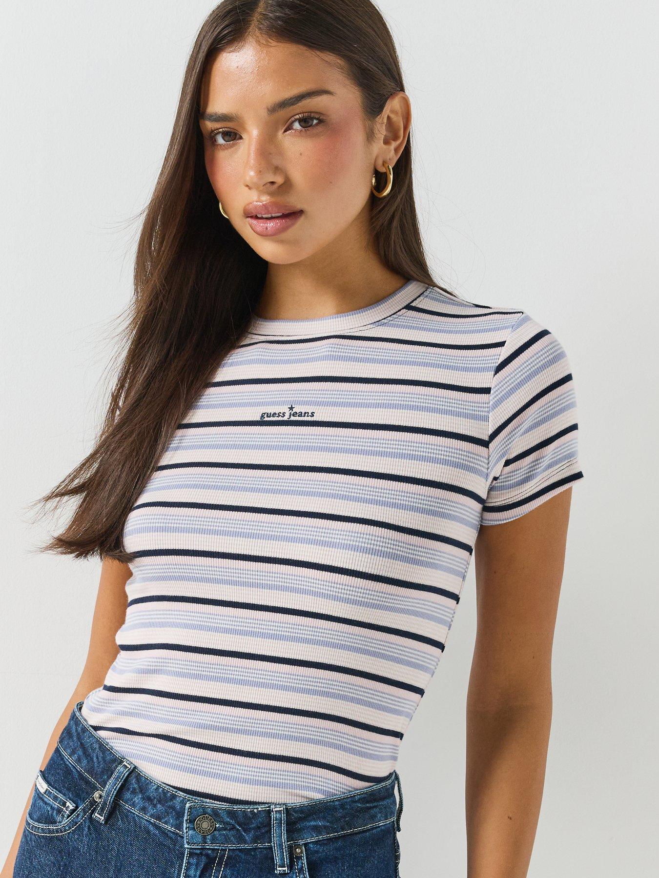 Guess Women's Blue Star Embroidered Cotton Rib Stripe Slim Fit T-Shirt in Size 14, Sports Direct - Image 3