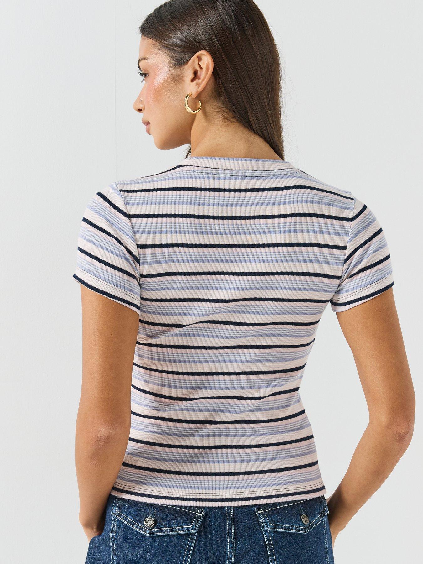 Image 2 of 6 of Guess Jeans Womens Rib Knit Stripe T-Shirt - Blue
