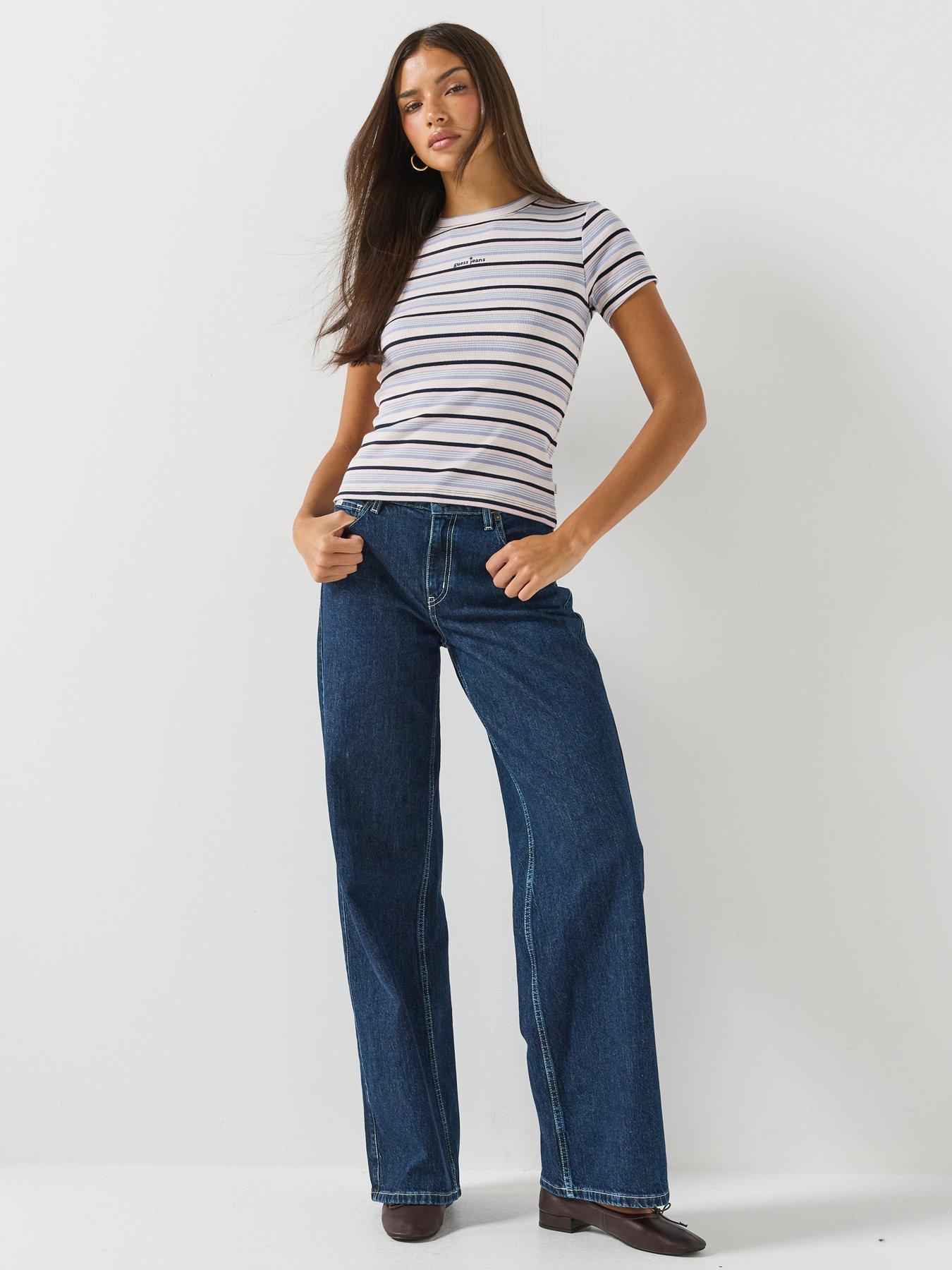 Image 3 of 6 of Guess Jeans Womens Rib Knit Stripe T-Shirt - Blue
