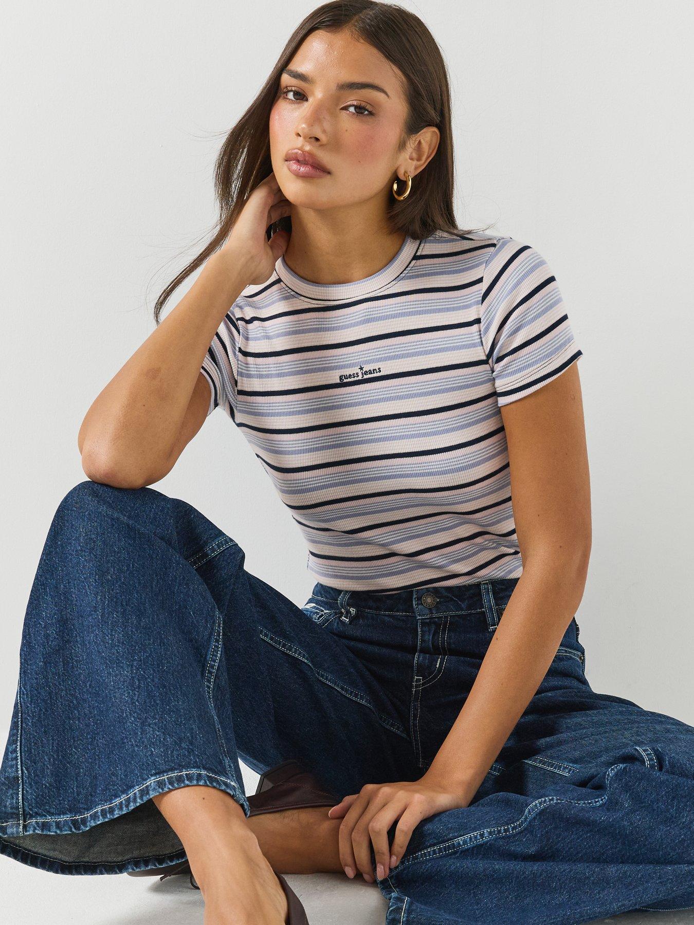 Image 4 of 6 of Guess Jeans Womens Rib Knit Stripe T-Shirt - Blue