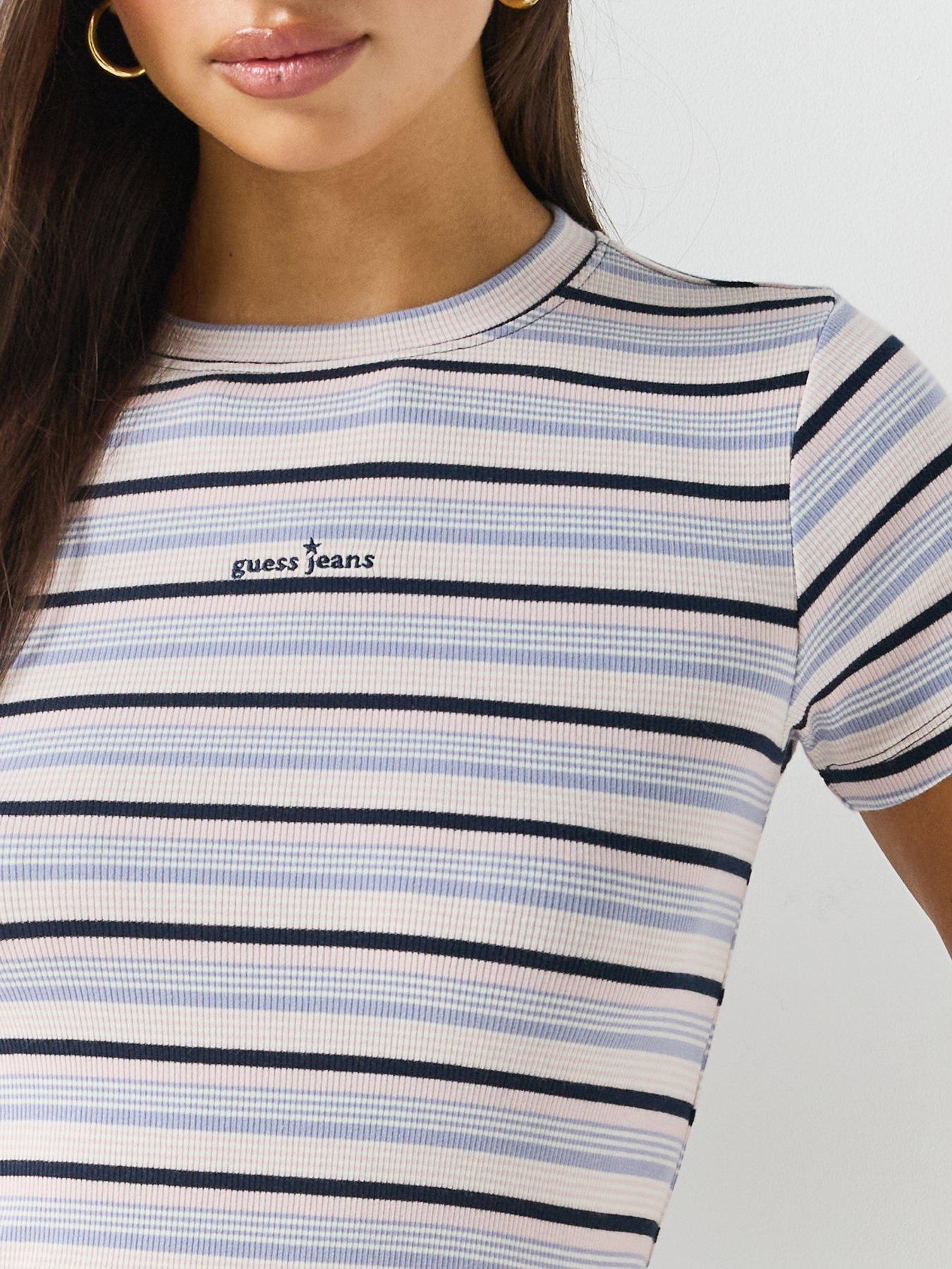 Image 5 of 6 of Guess Jeans Womens Rib Knit Stripe T-Shirt - Blue