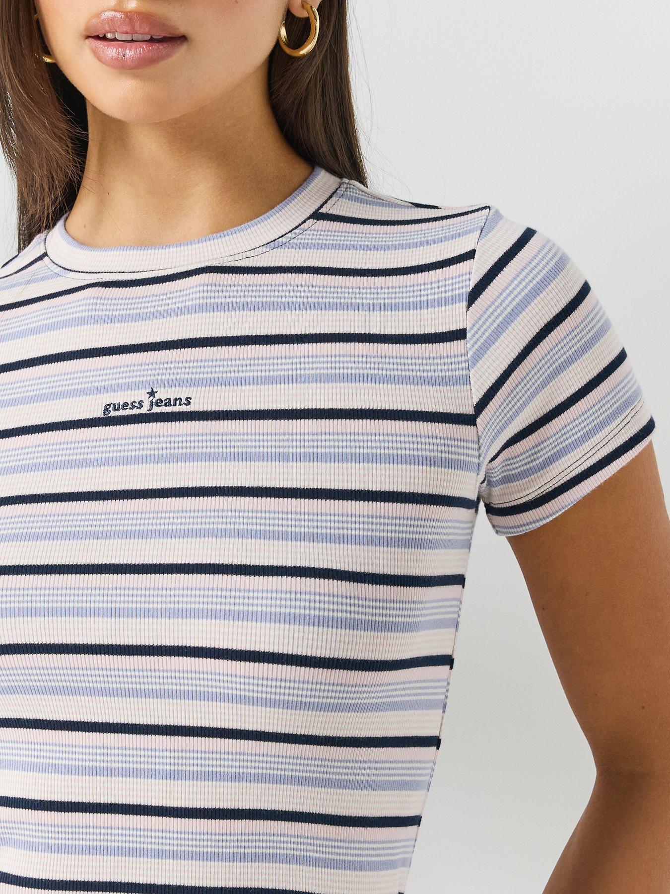 Image 6 of 6 of Guess Jeans Womens Rib Knit Stripe T-Shirt - Blue