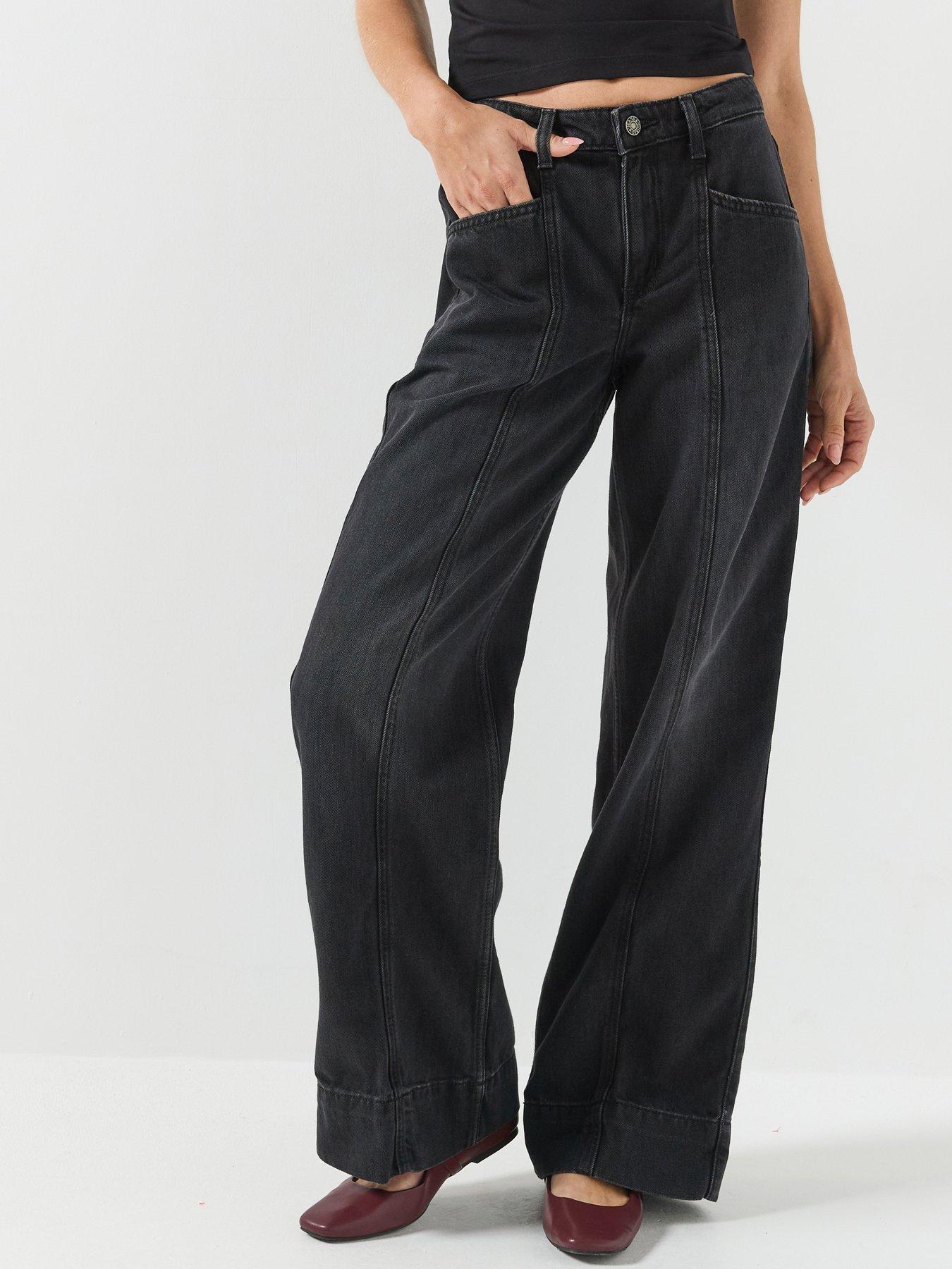 Image 1 of 5 of Guess Jeans Womens G11 Wide Leg Seamed Detail Jeans - Black