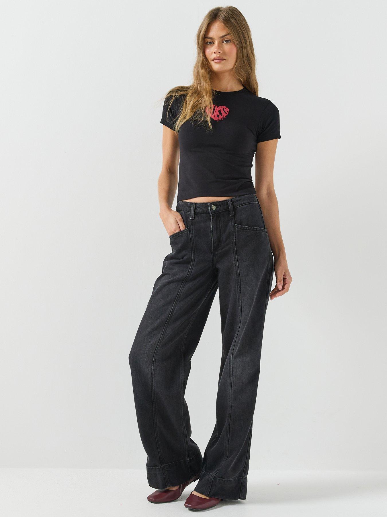 Image 3 of 5 of Guess Jeans Womens G11 Wide Leg Seamed Detail Jeans - Black