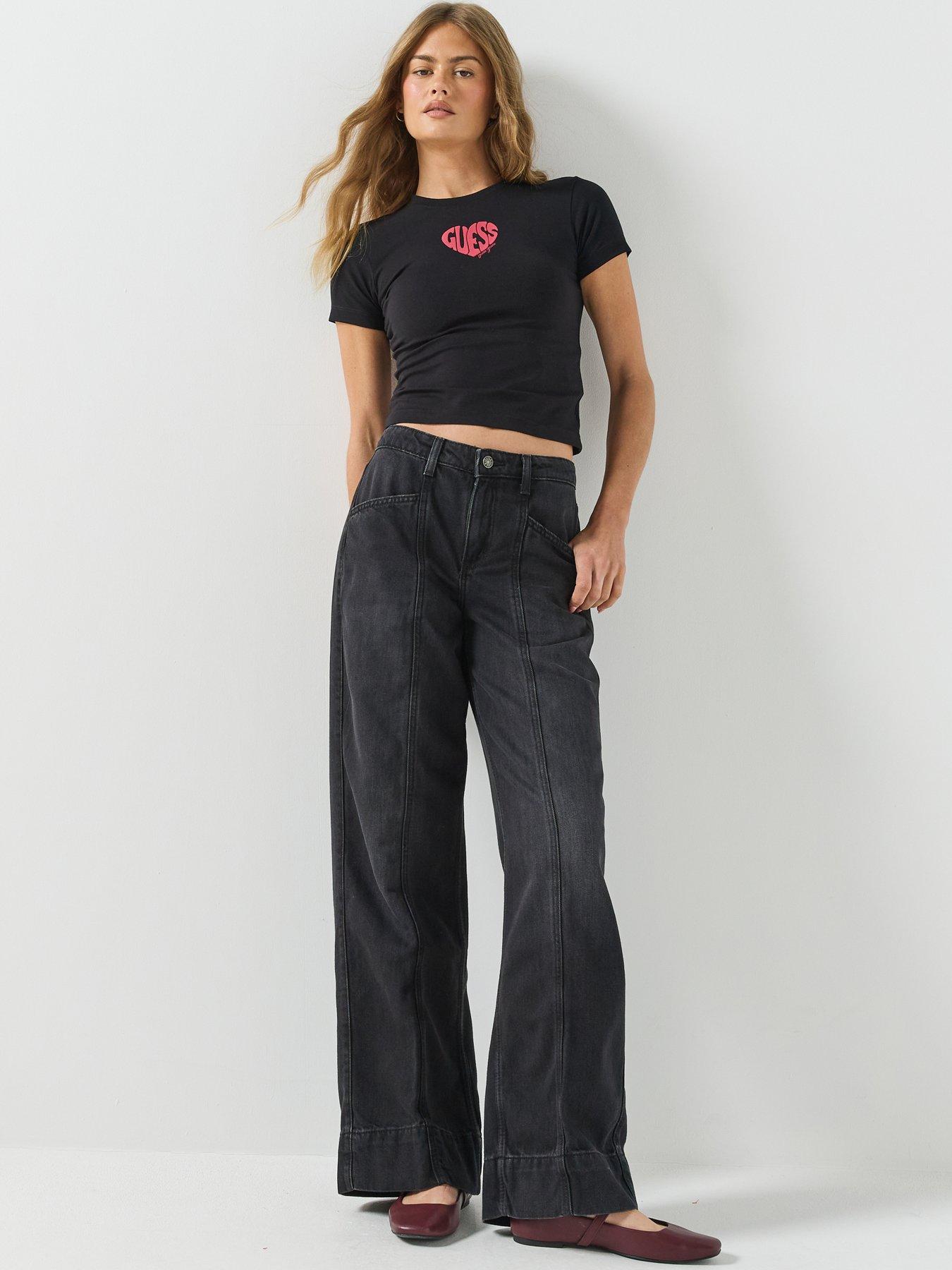 Image 5 of 5 of Guess Jeans Womens G11 Wide Leg Seamed Detail Jeans - Black