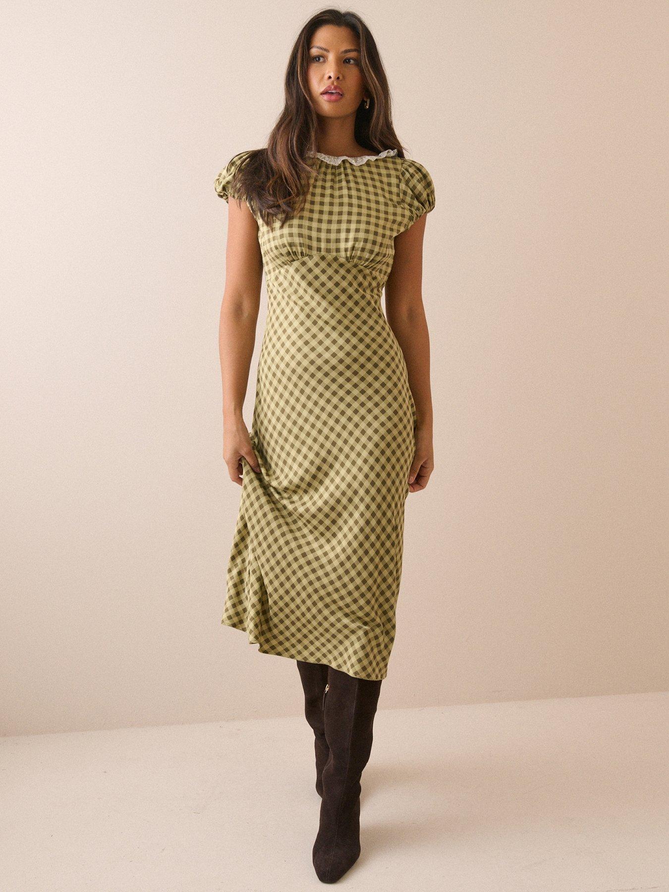 Nobody's Child Women's Green Gingham Puff Sleeve Marianna Midi Dress - Image 3