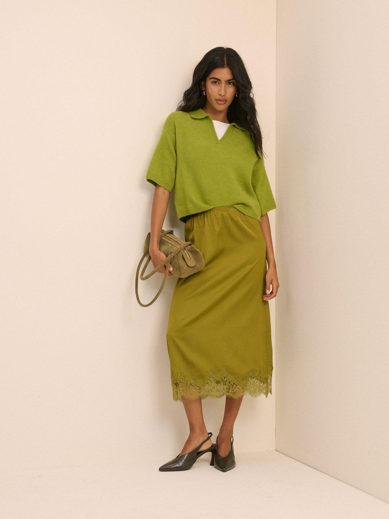 Nobody's Child Women's Green Lace Trim Satin Midi Slip Skirt - Image 2
