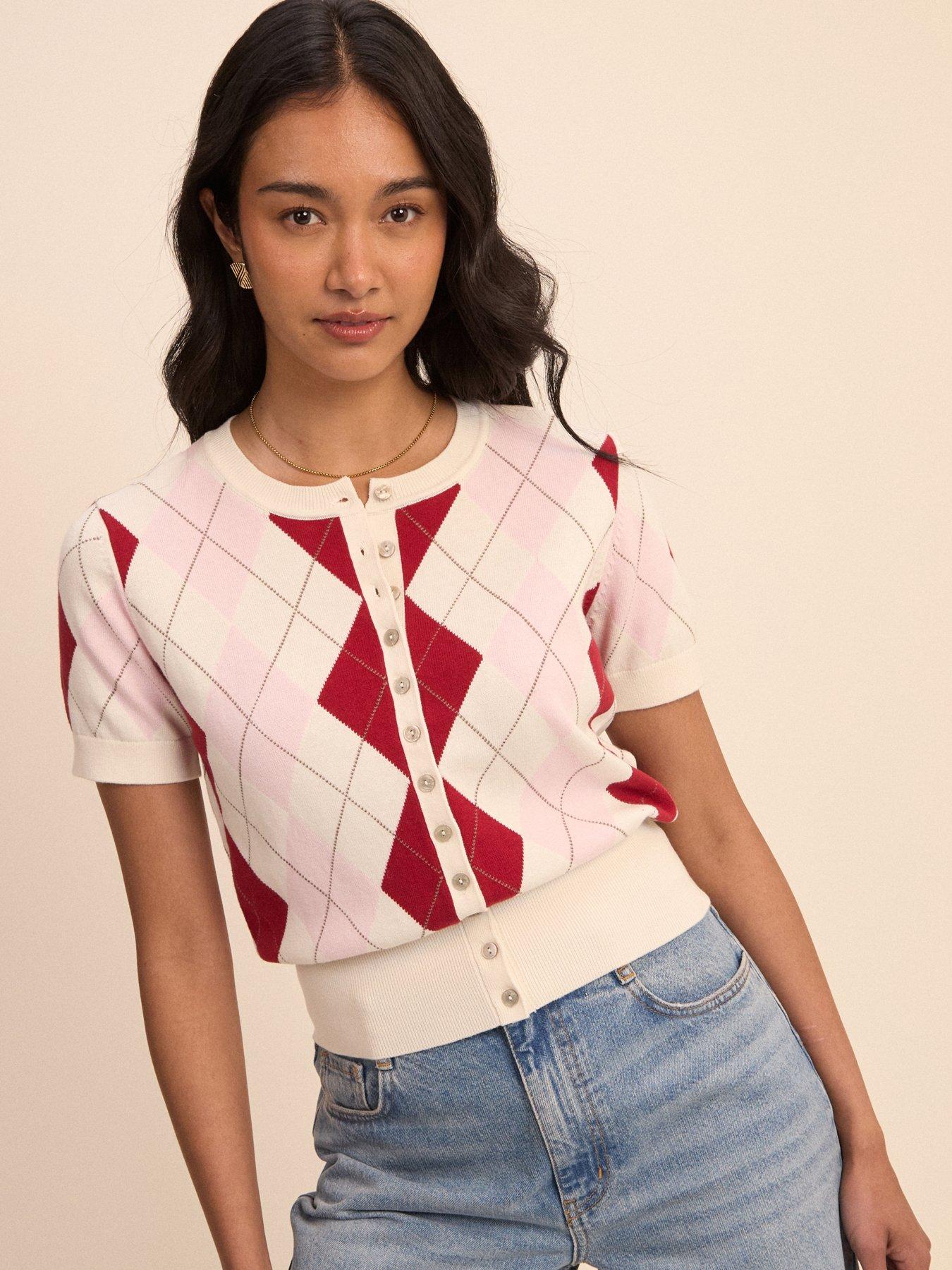 Nobody's Child Women's White Argyle Short Sleeve Cardi Size M - Image 3