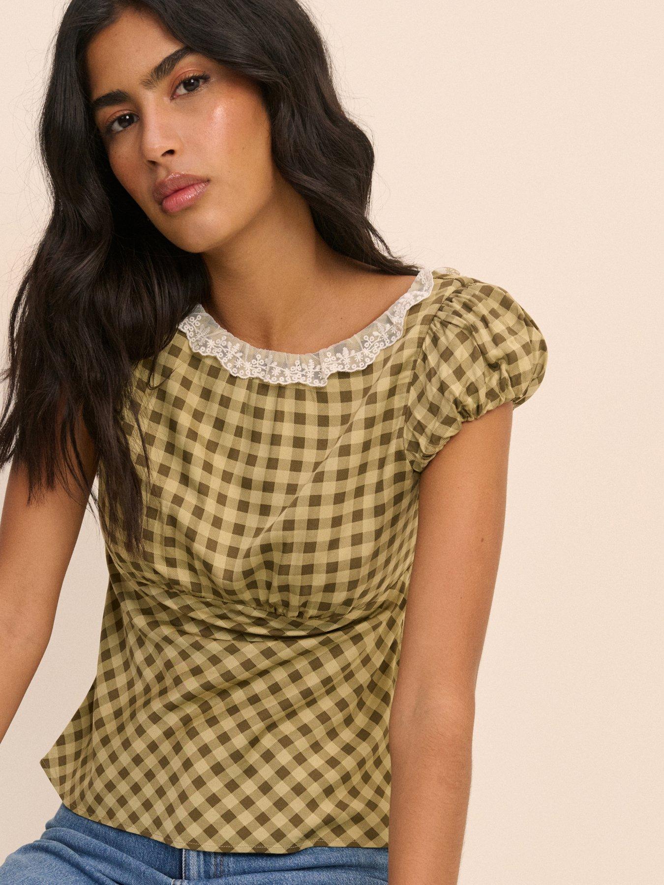 Nobodys Child Dione Gingham Puff Sleeve Top, Green, Size 8, Women