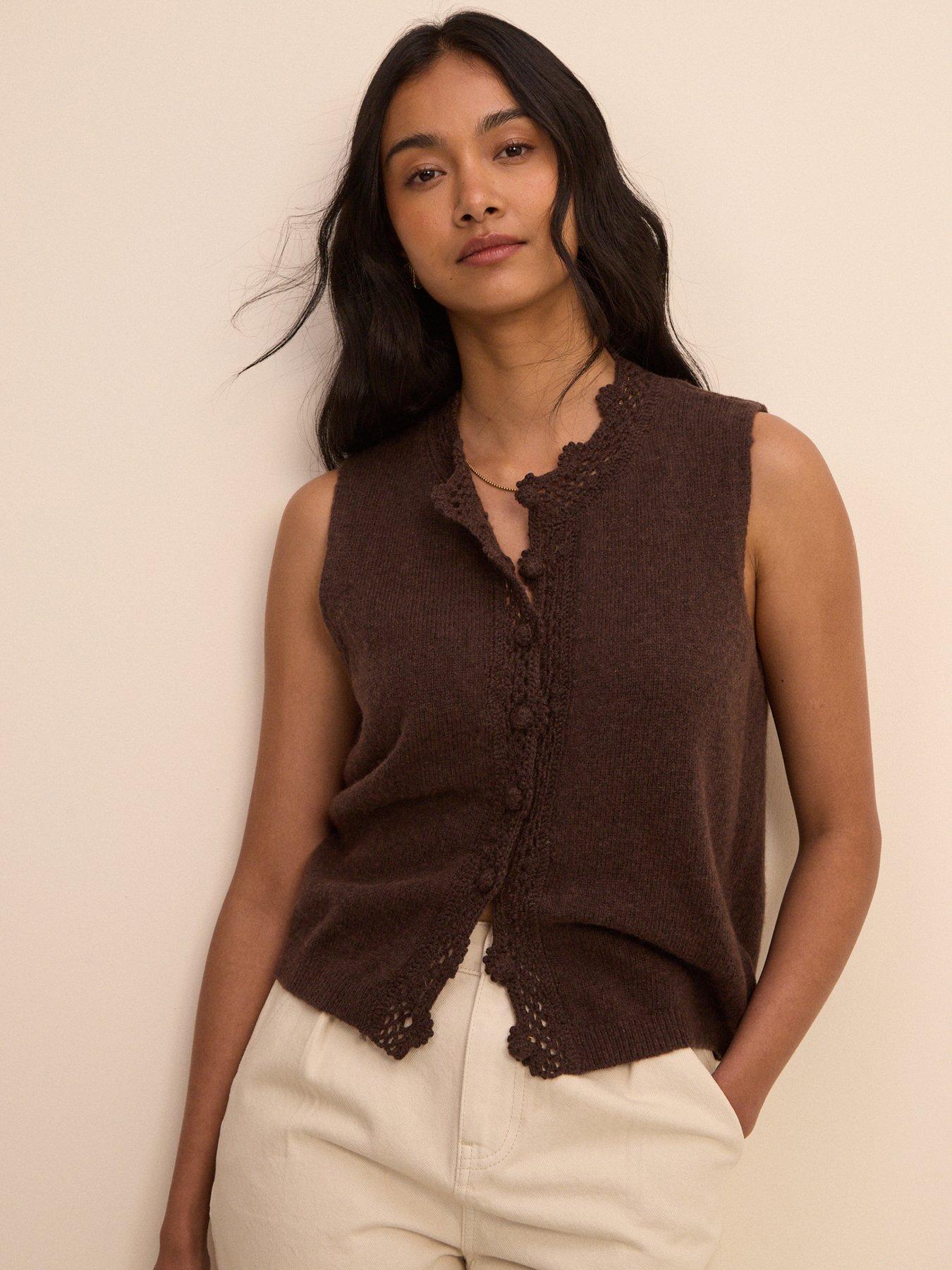Image 1 of 5 of Nobodys Child Crochet Trim Sleeveless Cardigan - Brown