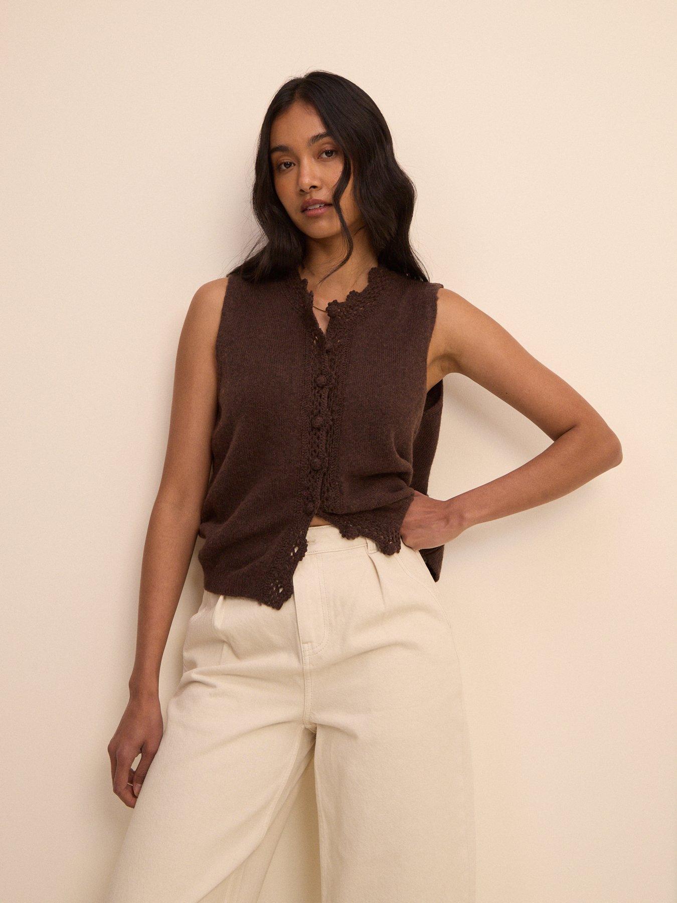 Image 3 of 5 of Nobodys Child Crochet Trim Sleeveless Cardigan - Brown