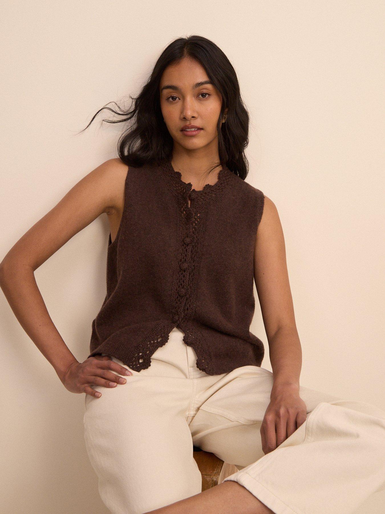 Image 4 of 5 of Nobodys Child Crochet Trim Sleeveless Cardigan - Brown