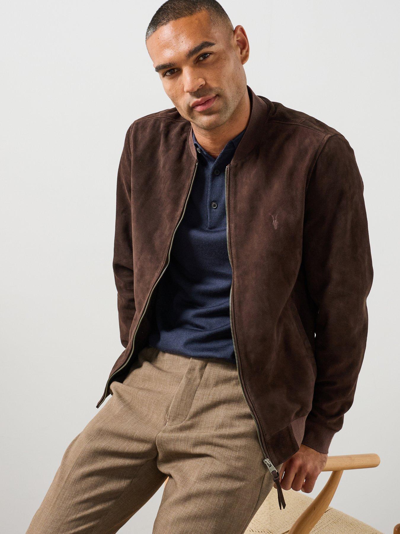 Image 1 of 6 of AllSaints Mens Suede Ribbed Bomber Jacket - Red