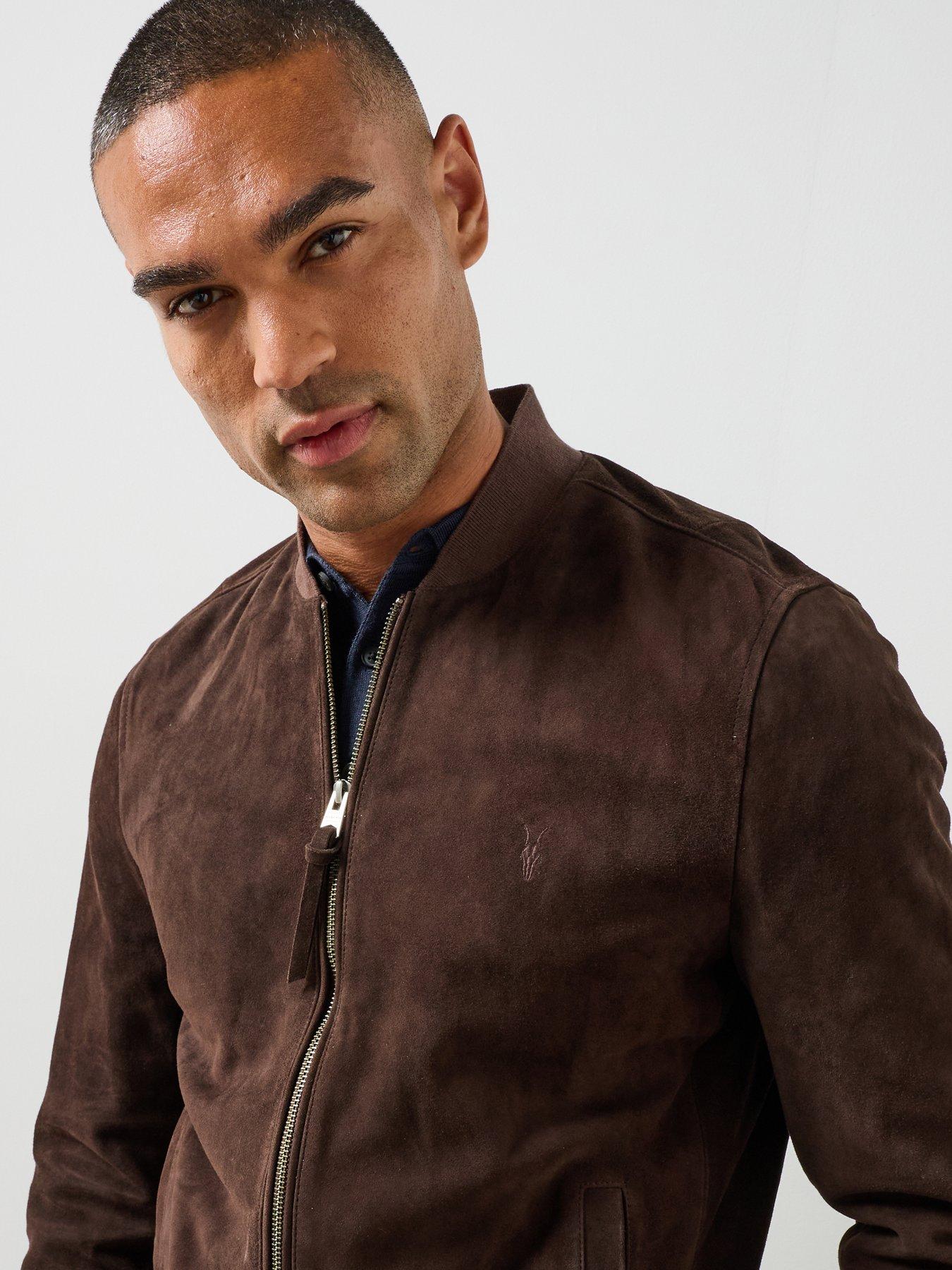 Image 4 of 6 of AllSaints Mens Suede Ribbed Bomber Jacket - Red