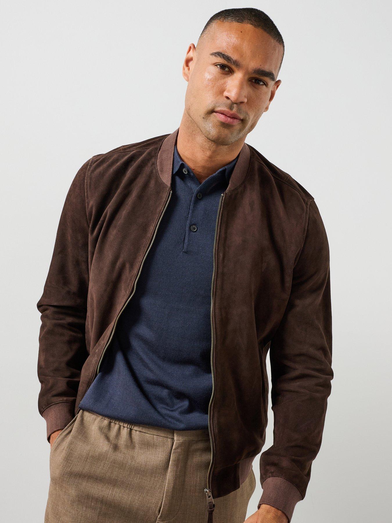 Image 6 of 6 of AllSaints Mens Suede Ribbed Bomber Jacket - Red