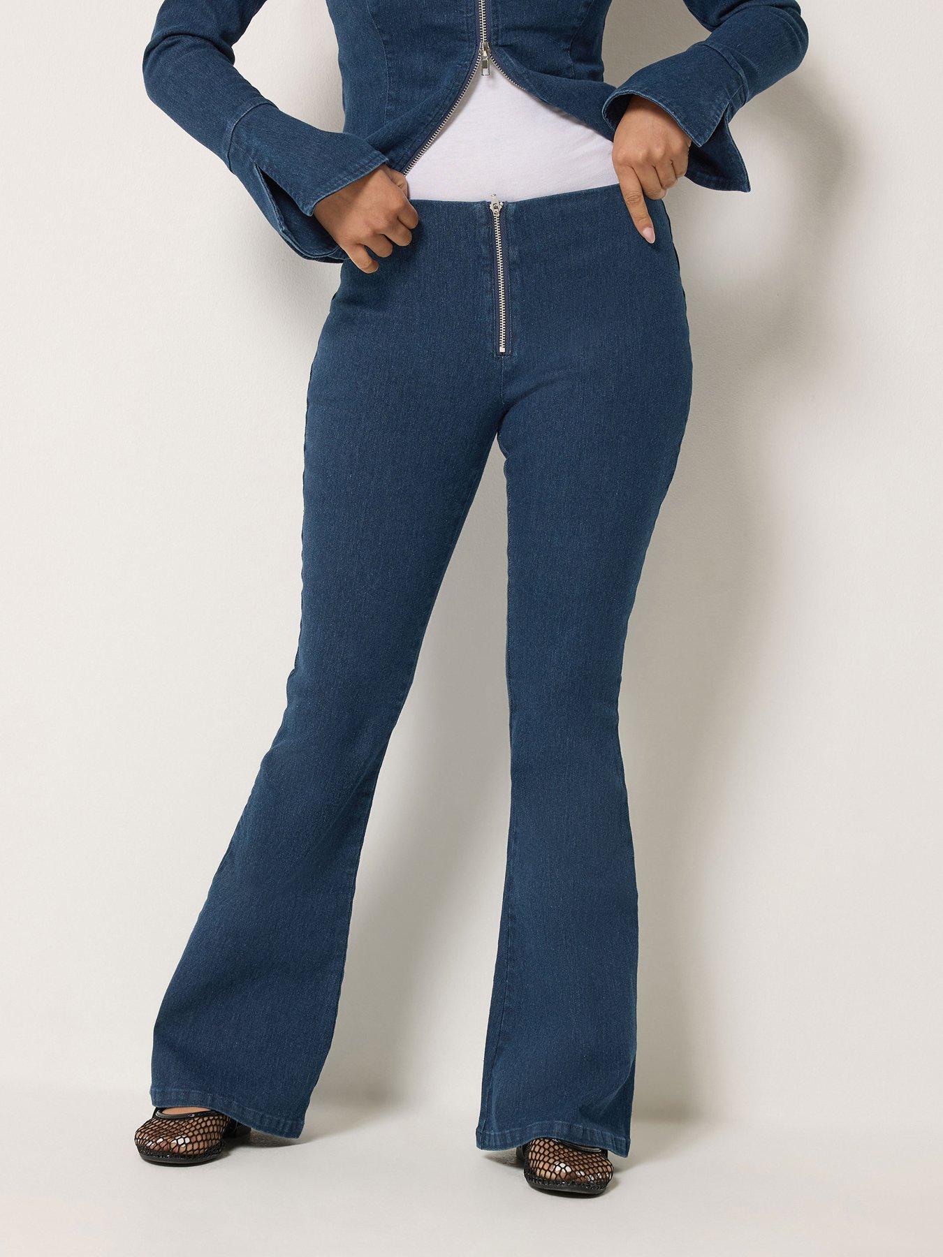 Image 1 of 4 of PixieGirl Petite Zip Front Kick Flare Jeans - Indigo Blue