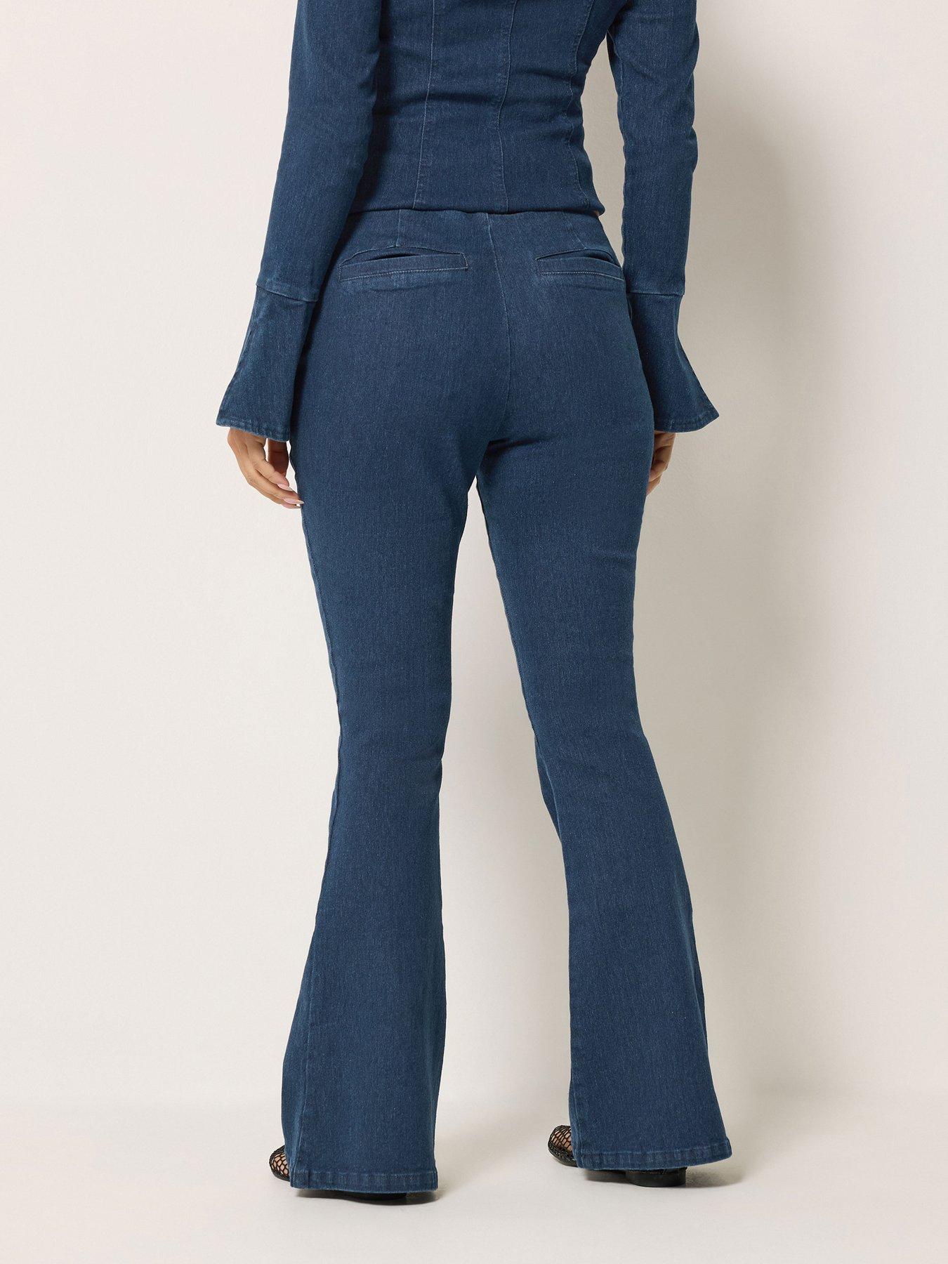 Image 2 of 4 of PixieGirl Petite Zip Front Kick Flare Jeans - Indigo Blue