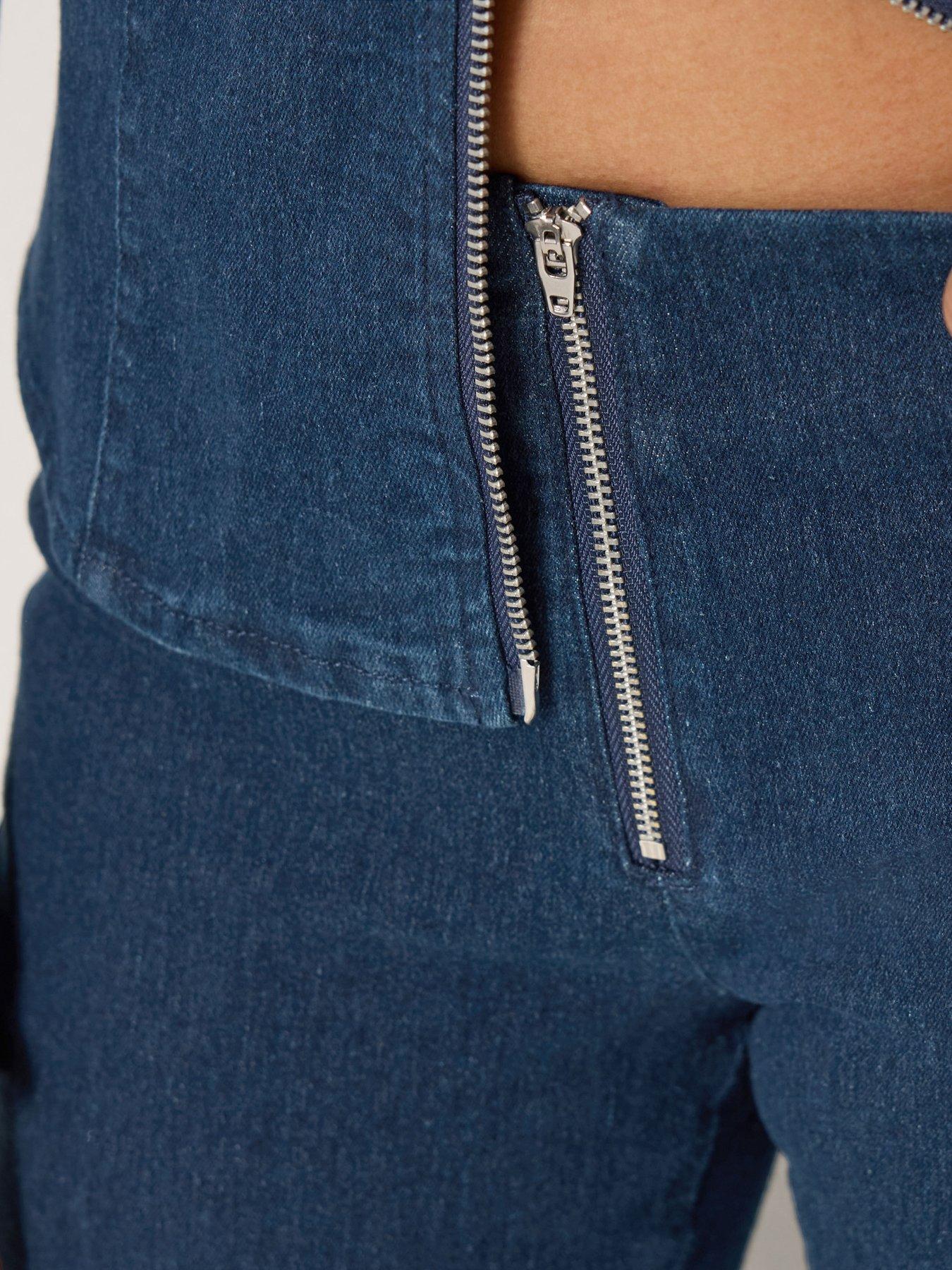 Image 4 of 4 of PixieGirl Petite Zip Front Kick Flare Jeans - Indigo Blue