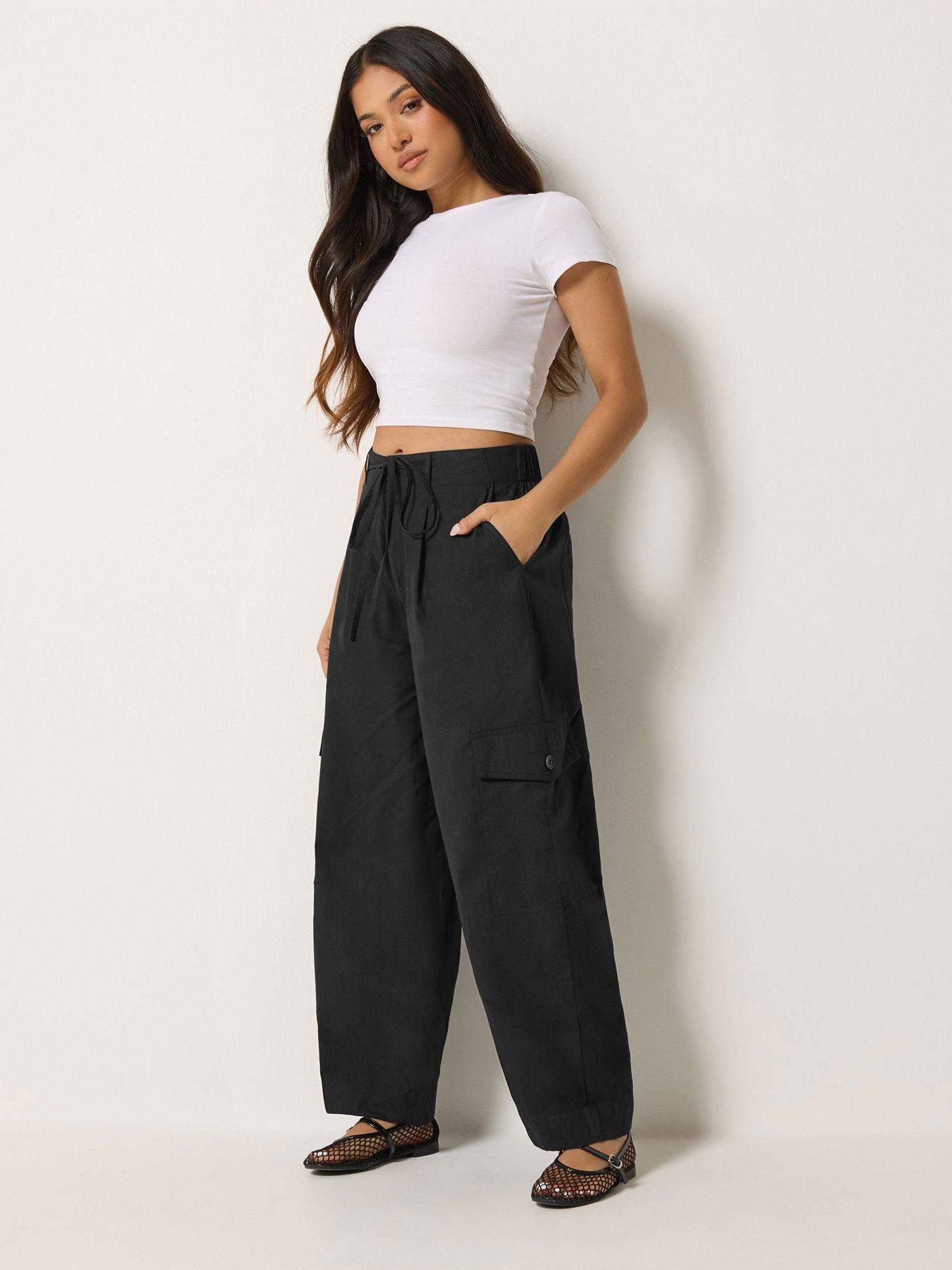 Image 3 of 4 of PixieGirl Petite Poplin Cargo Pocket Trousers - Black