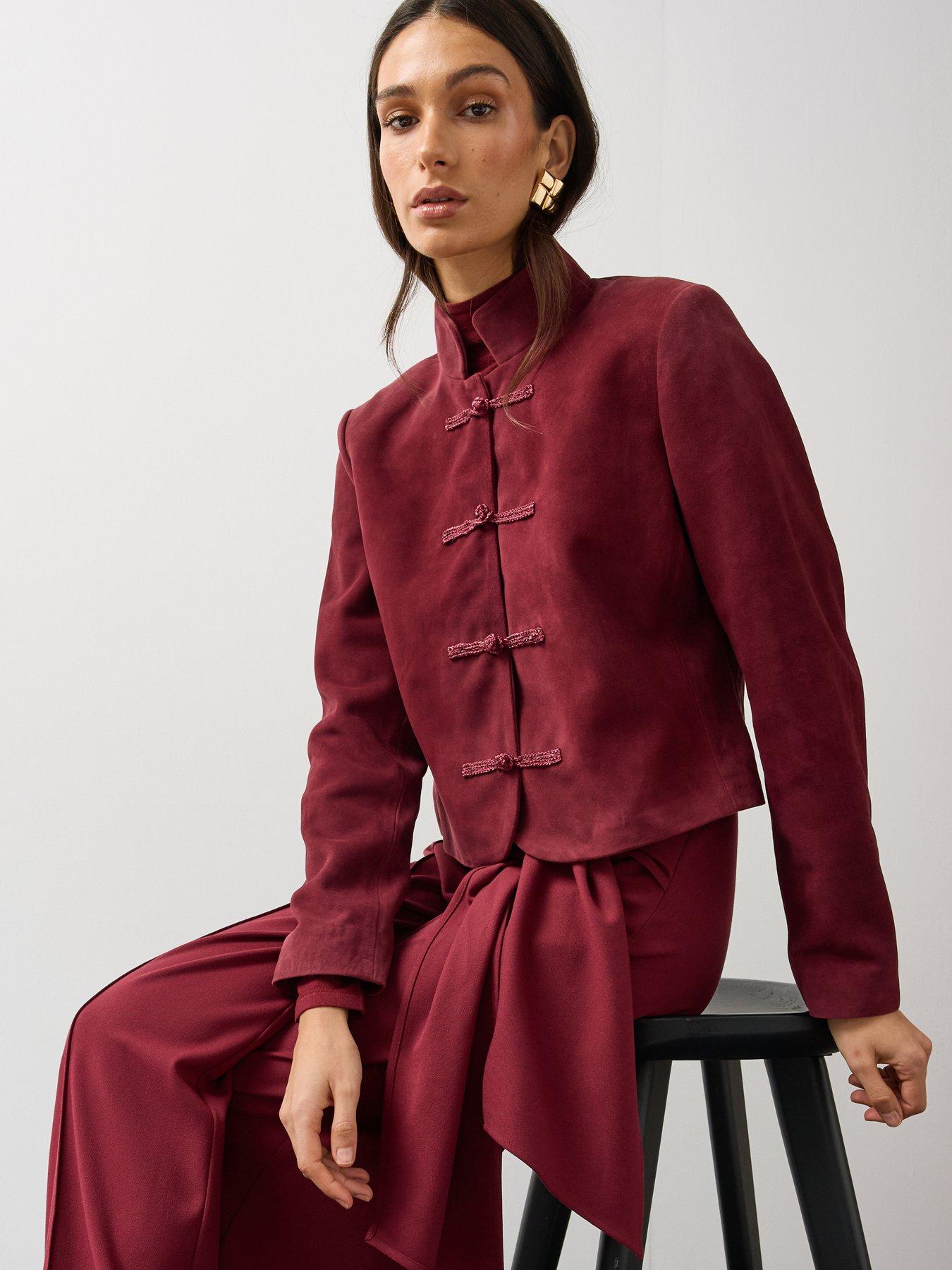 Image 1 of 7 of Michelle Keegan Womens Frog Fastening Suede Jacket - Burgundy
