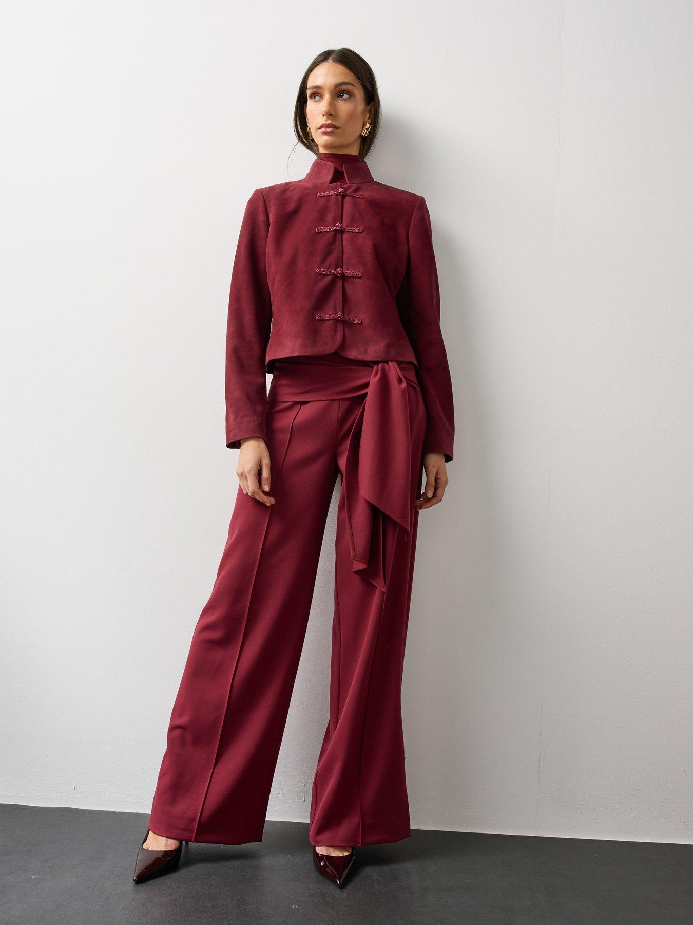 Image 2 of 7 of Michelle Keegan Womens Frog Fastening Suede Jacket - Burgundy