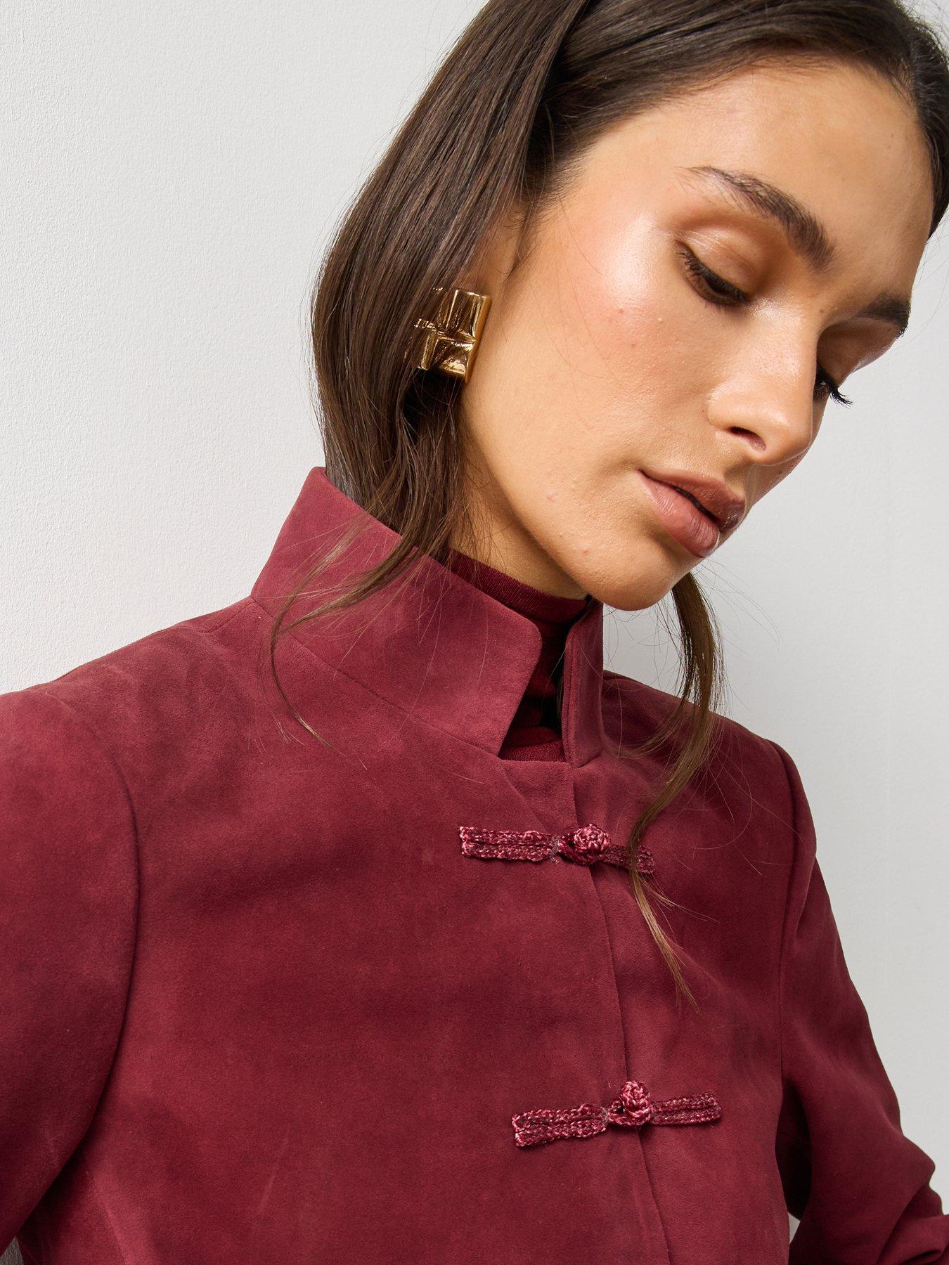 Image 4 of 7 of Michelle Keegan Womens Frog Fastening Suede Jacket - Burgundy