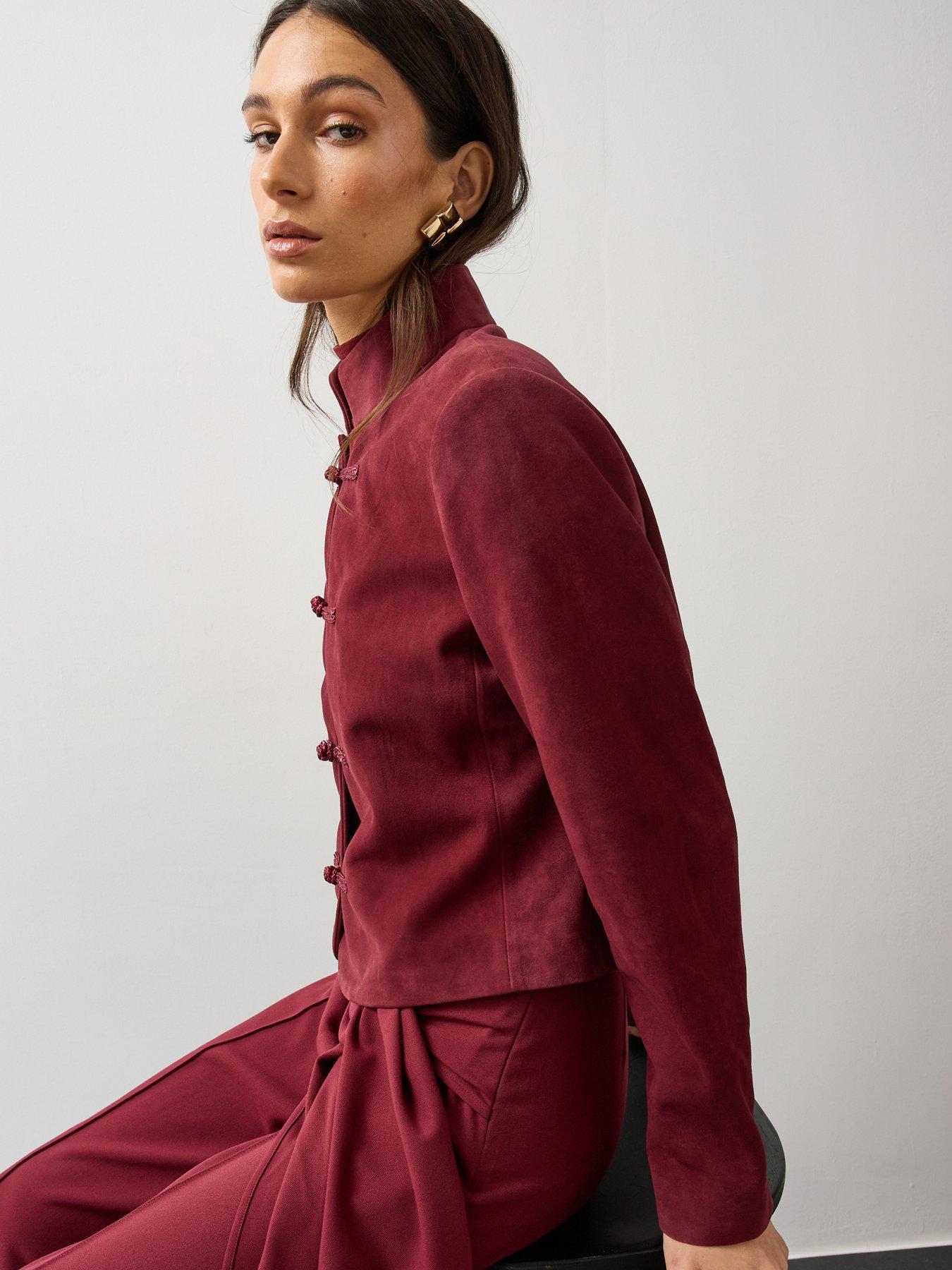 Image 5 of 7 of Michelle Keegan Womens Frog Fastening Suede Jacket - Burgundy