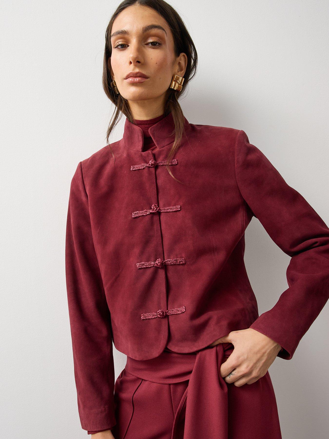 Image 6 of 7 of Michelle Keegan Womens Frog Fastening Suede Jacket - Burgundy