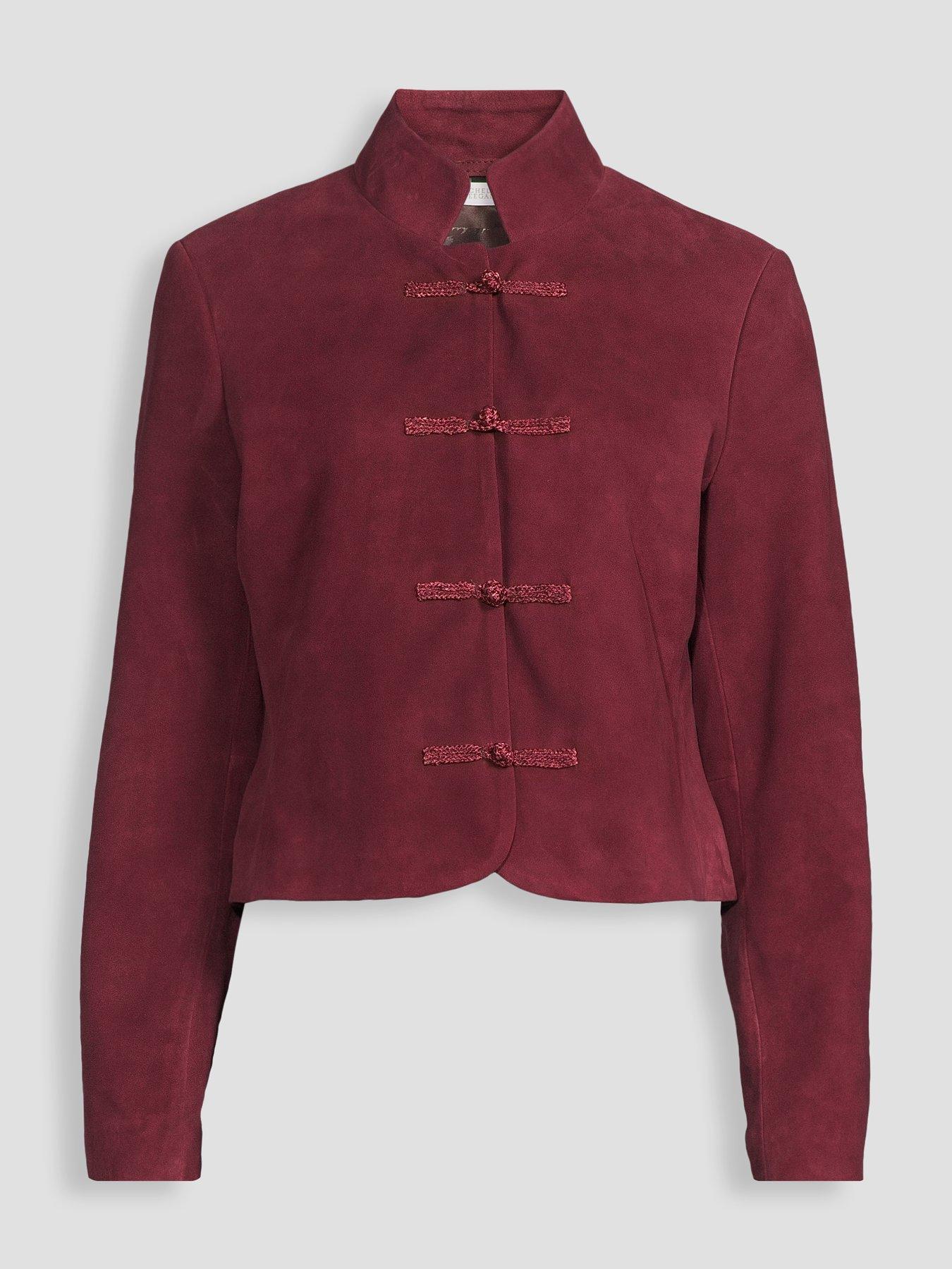 Image 7 of 7 of Michelle Keegan Womens Frog Fastening Suede Jacket - Burgundy