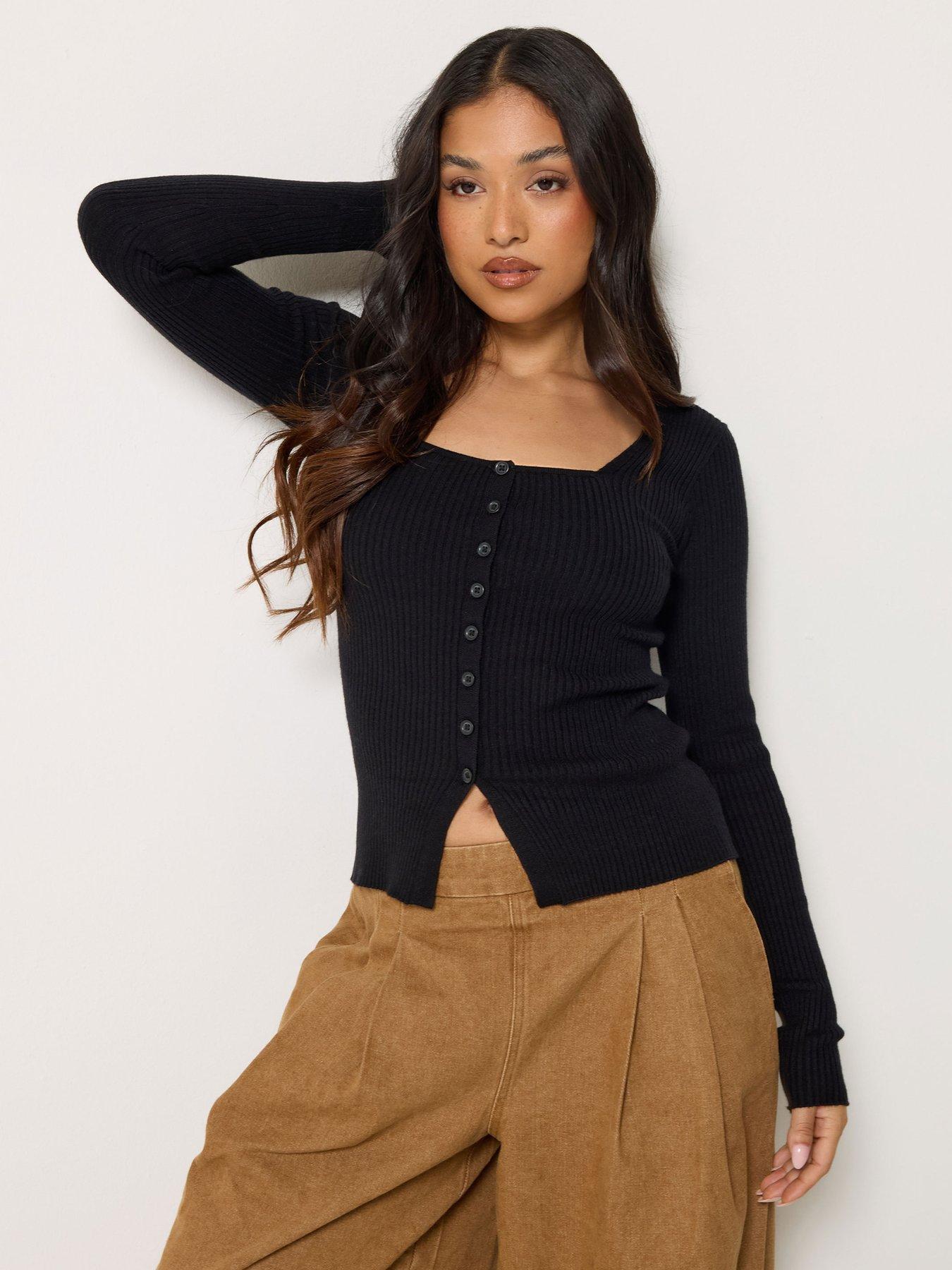 Image 1 of 4 of PixieGirl Petite Scoop Rib Button Jumper - Black